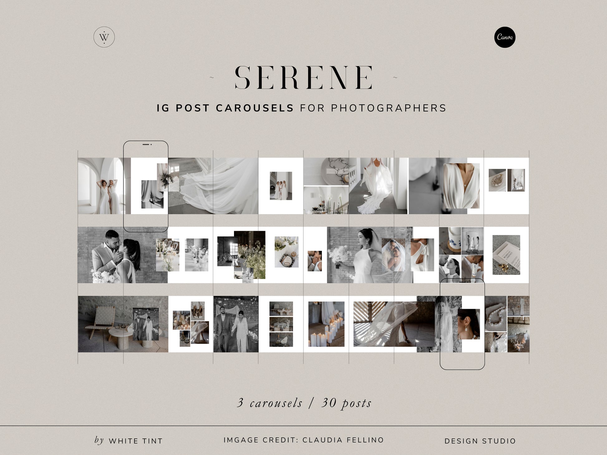 modern elegant minimal social media instagram carousel post templates editable in canva for wedding photographers
