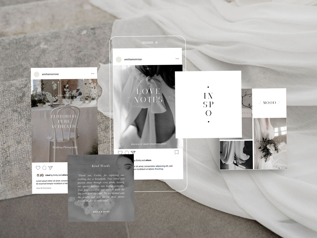 modern minimal canva wedding photography Instagram story template, elegant clean Instagram bundle for wedding photographers, social media bundle by white tint design