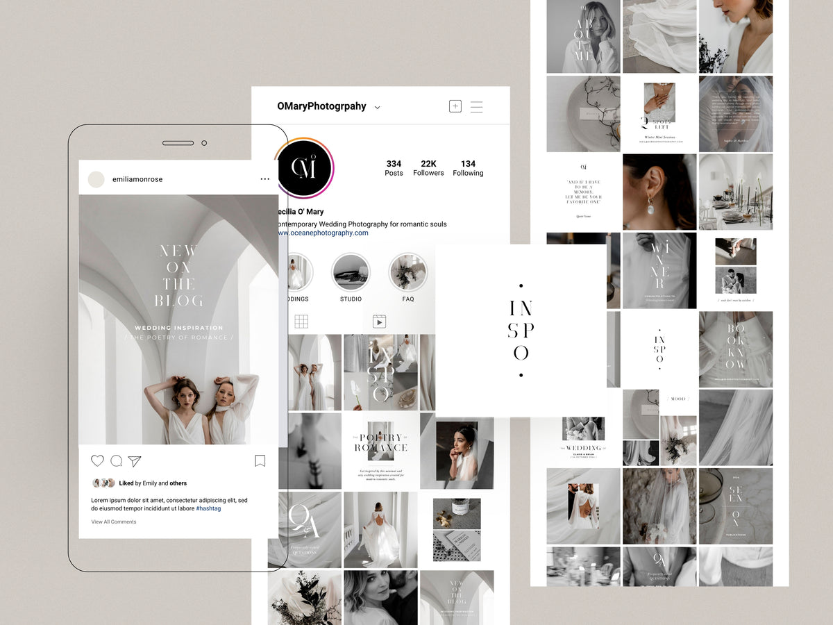 minimal clean modern elegant photography canva social media Instagram post template with two post carousels for wedding photographers by white tint design