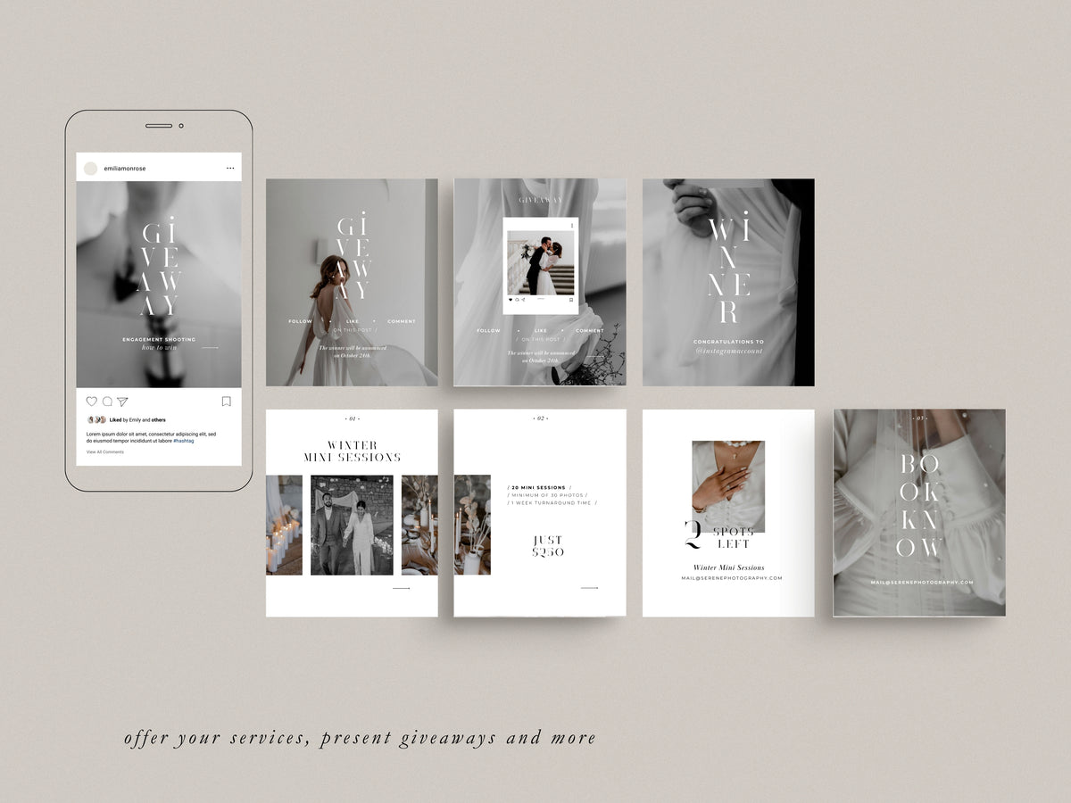 minimal clean modern elegant photography canva social media Instagram post template with two post carousels for wedding photographers by white tint design