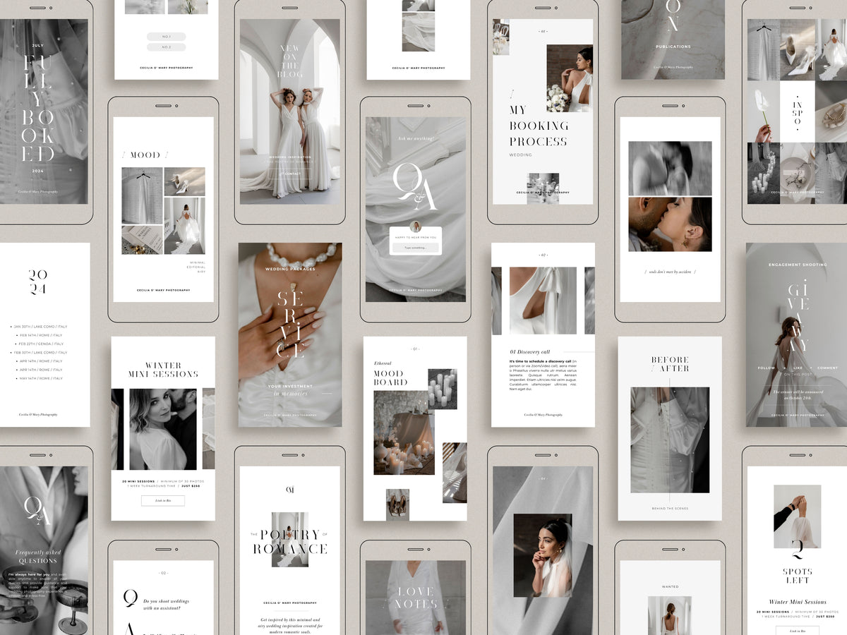 modern minimal canva wedding photography Instagram story template, elegant clean Instagram bundle for wedding photographers, social media bundle by white tint design