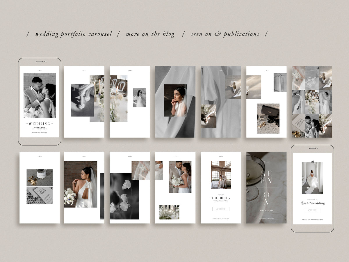 modern minimal canva wedding photography Instagram story template, elegant clean Instagram bundle for wedding photographers, social media bundle by white tint design