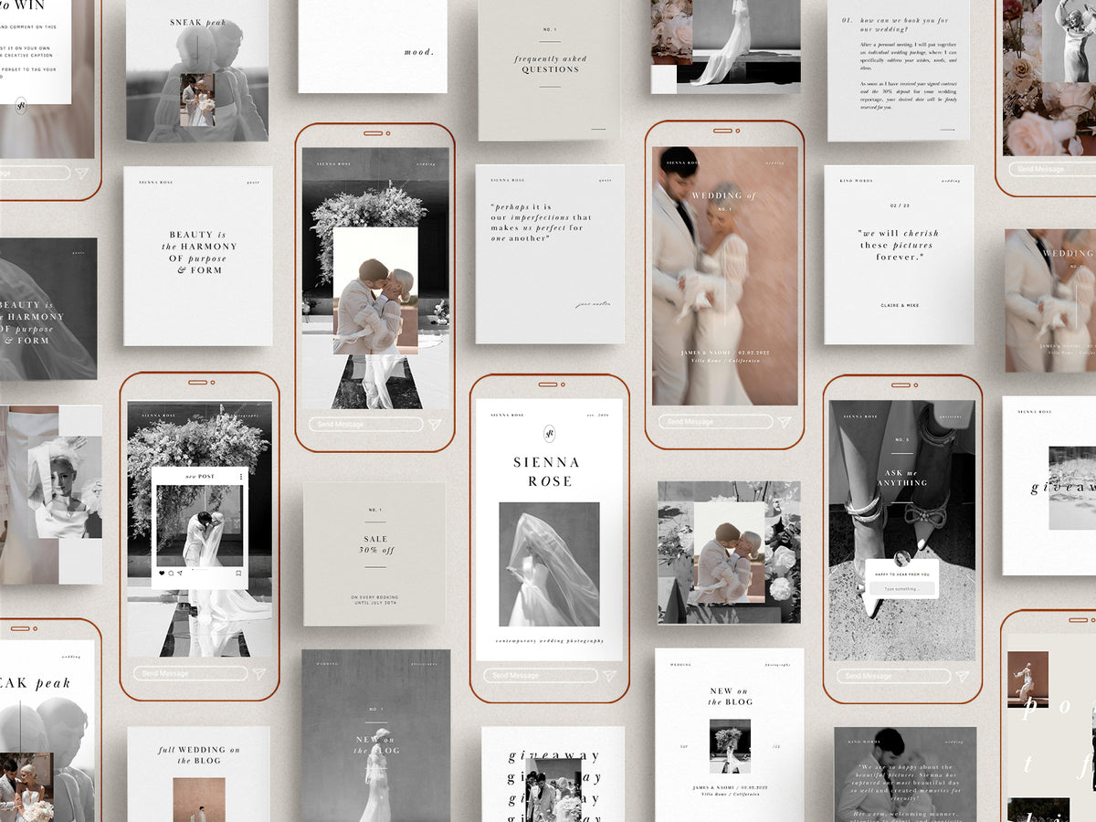 modern elegant canva social media instagram bundle story post and feed for wedding photographers by white tint design