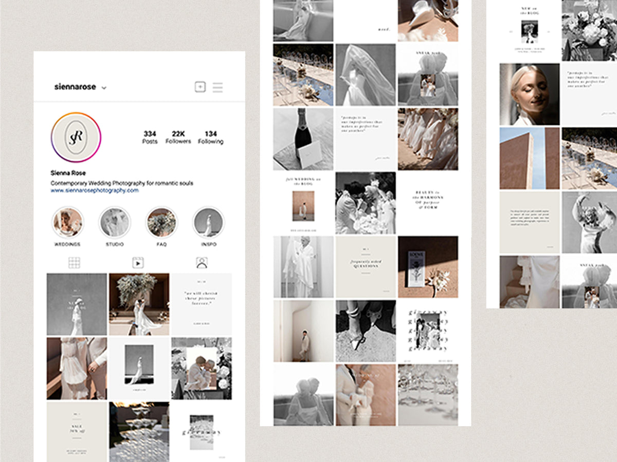 modern elegant canva social media instagram bundle story post and feed for wedding photographers by white tint design