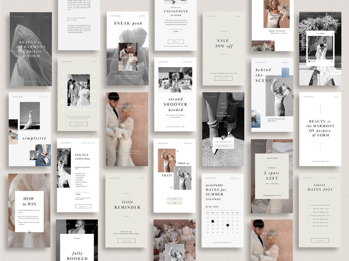 modern elegant canva social media instagram bundle story post and feed for wedding photographers by white tint design