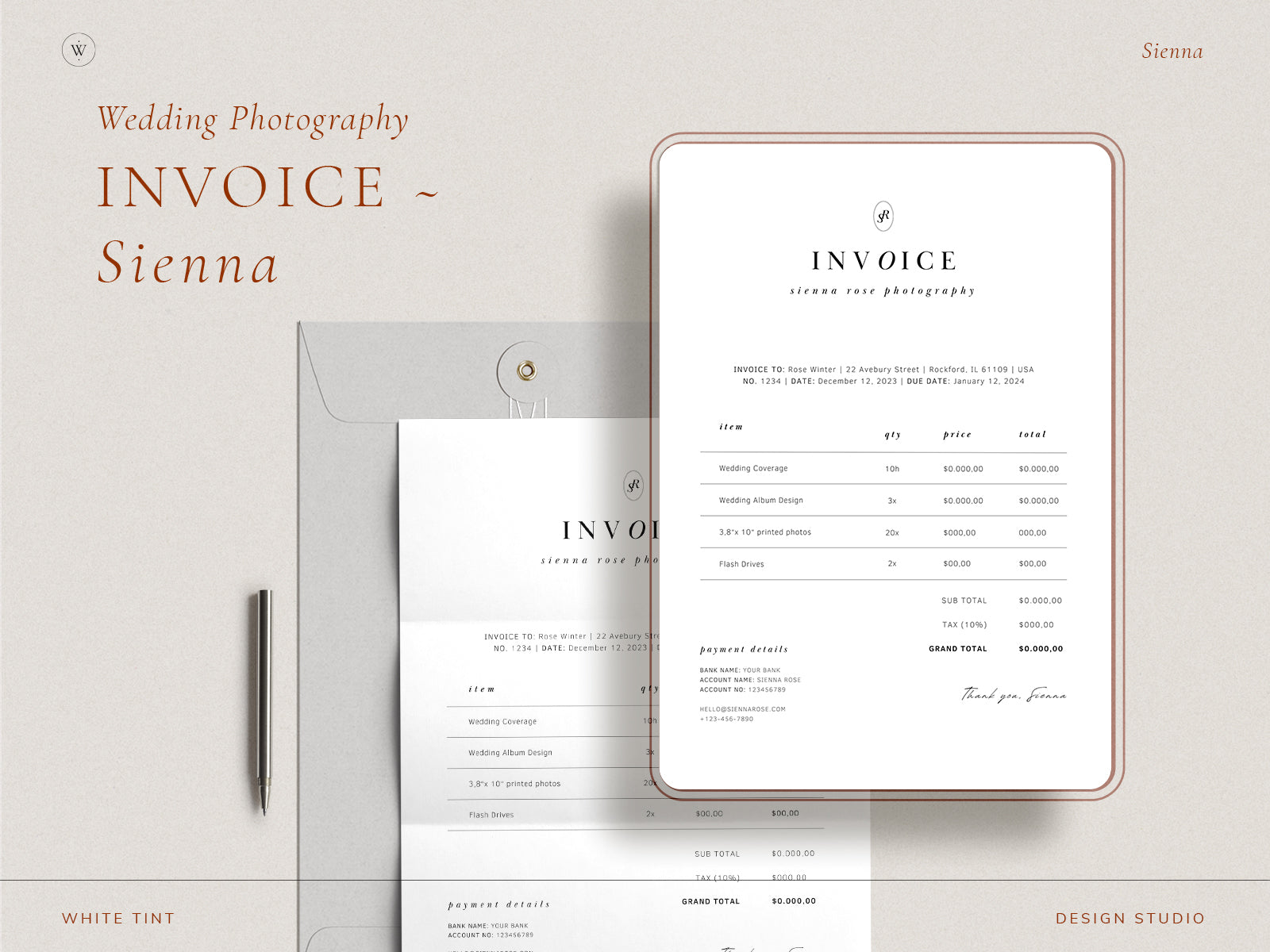 modern elegant canva invoice billing template for photographers, florist, creative small business by white tint design
