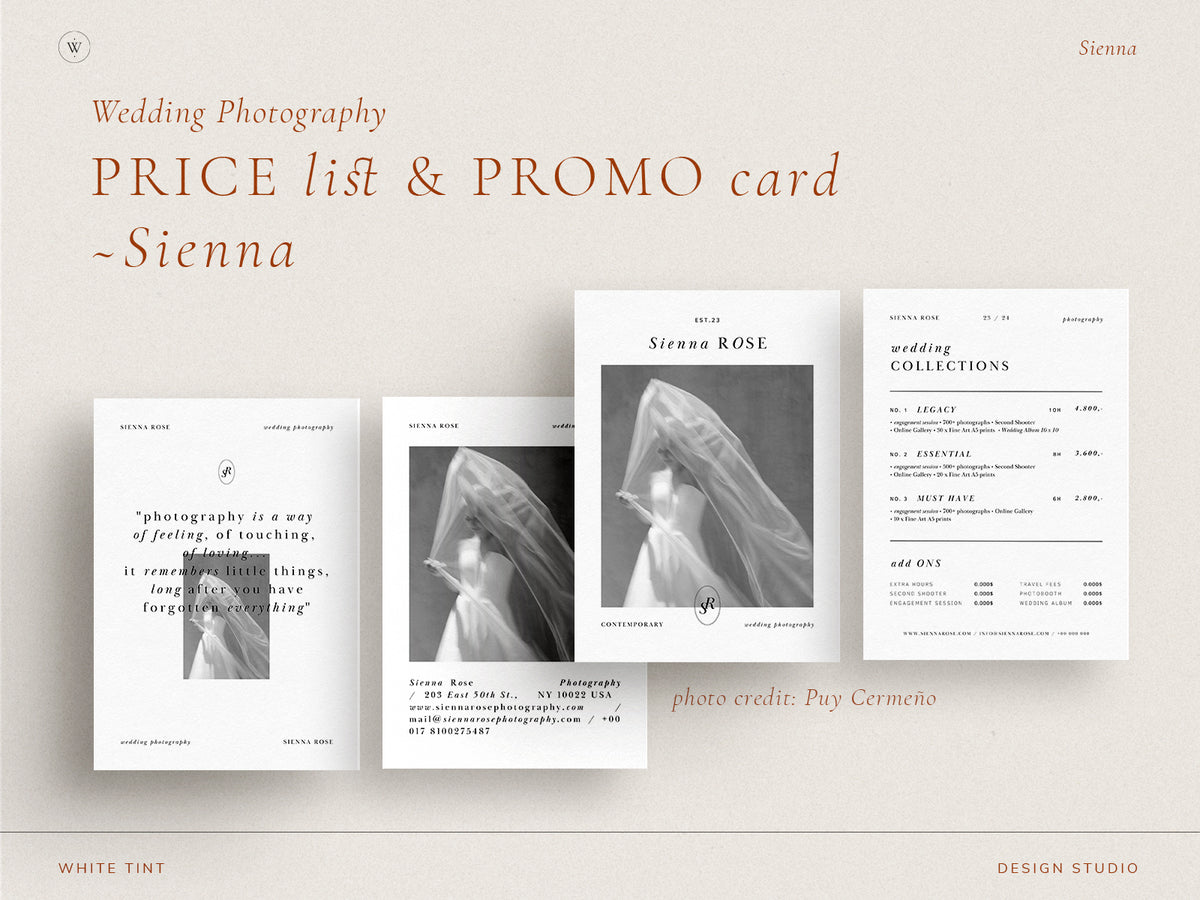 modern minimal elegant photography  canva template price list and promotion card for wedding photographers by white tint design