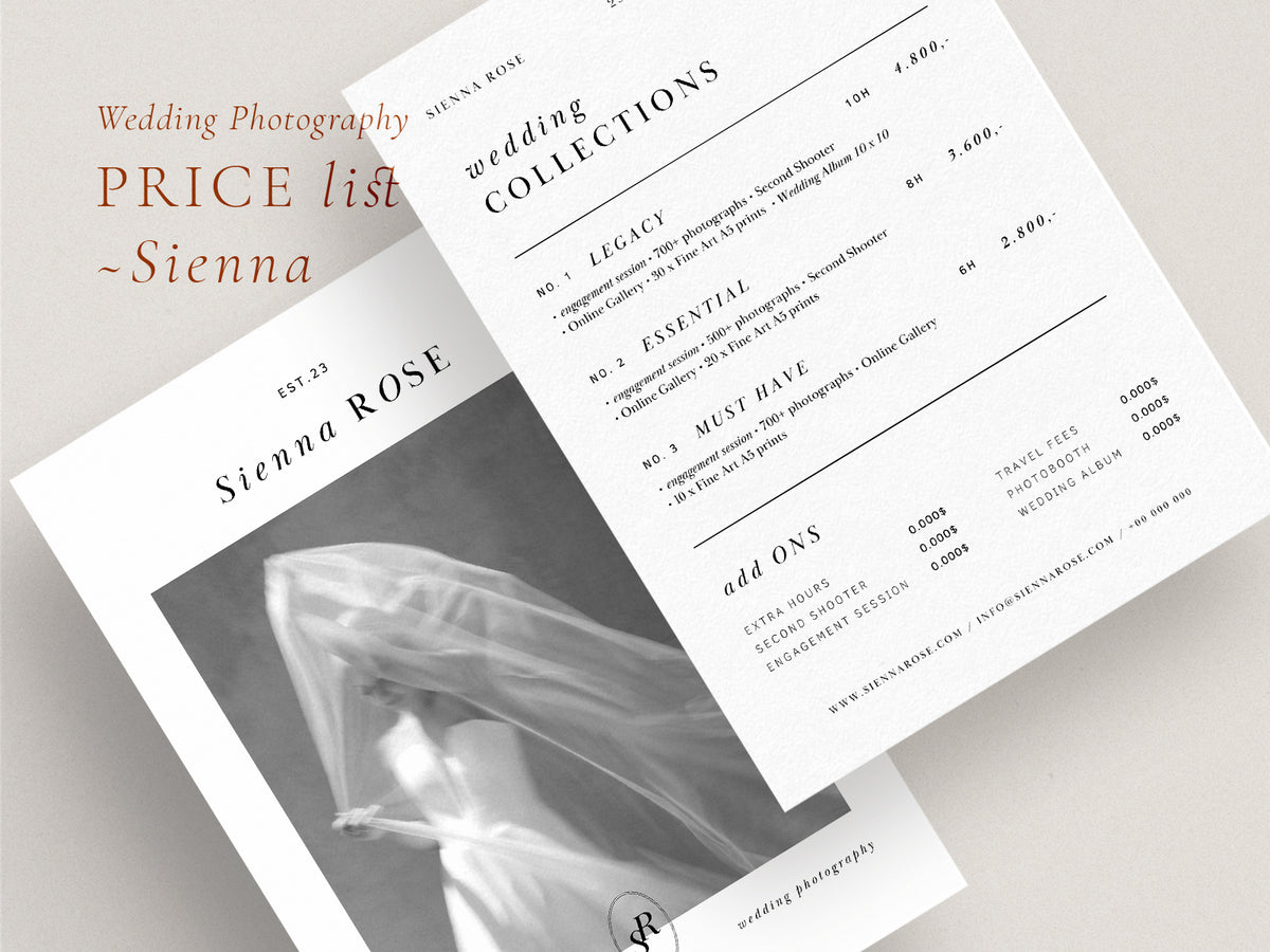 modern minimal elegant photography  canva template price list and promotion card for wedding photographers by white tint design