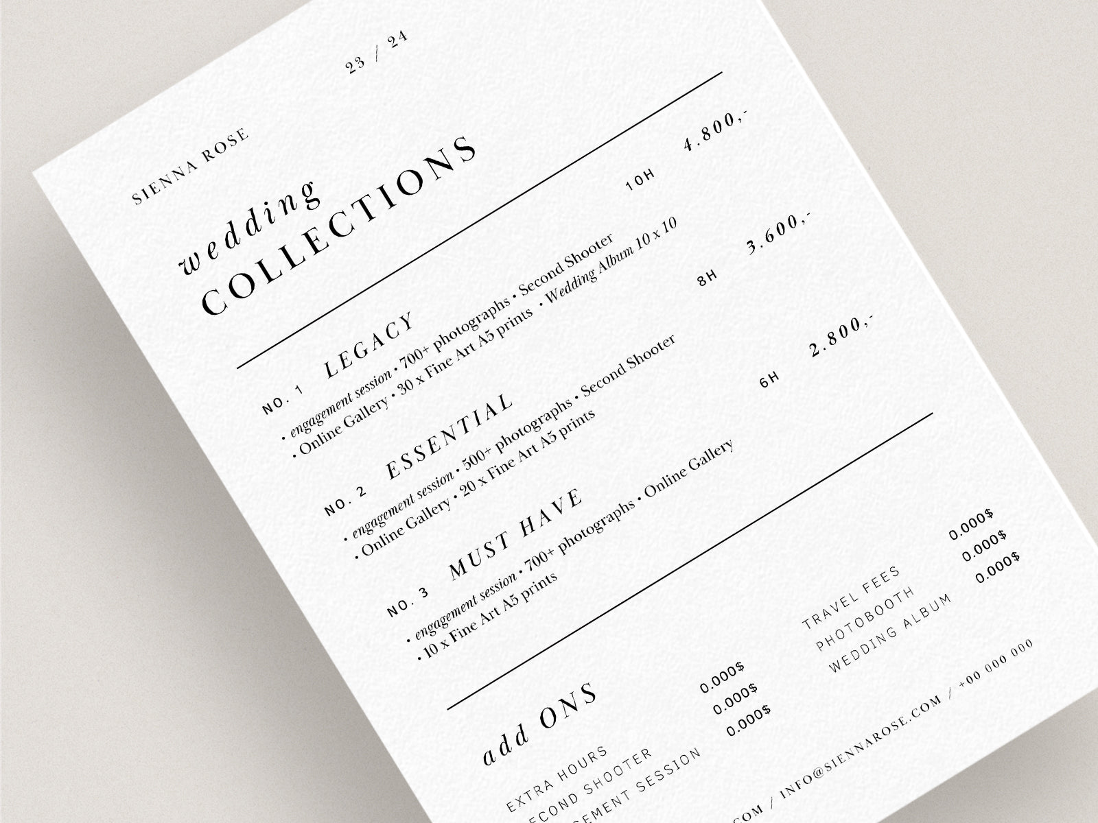modern minimal elegant photography  canva template price list and promotion card for wedding photographers by white tint design