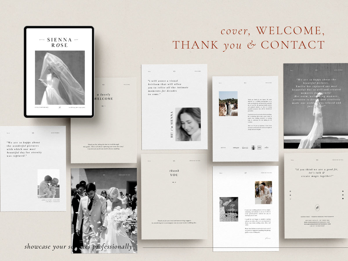modern minimal and elegant canva pricing guide magazine template for wedding photographers with pre-written copy