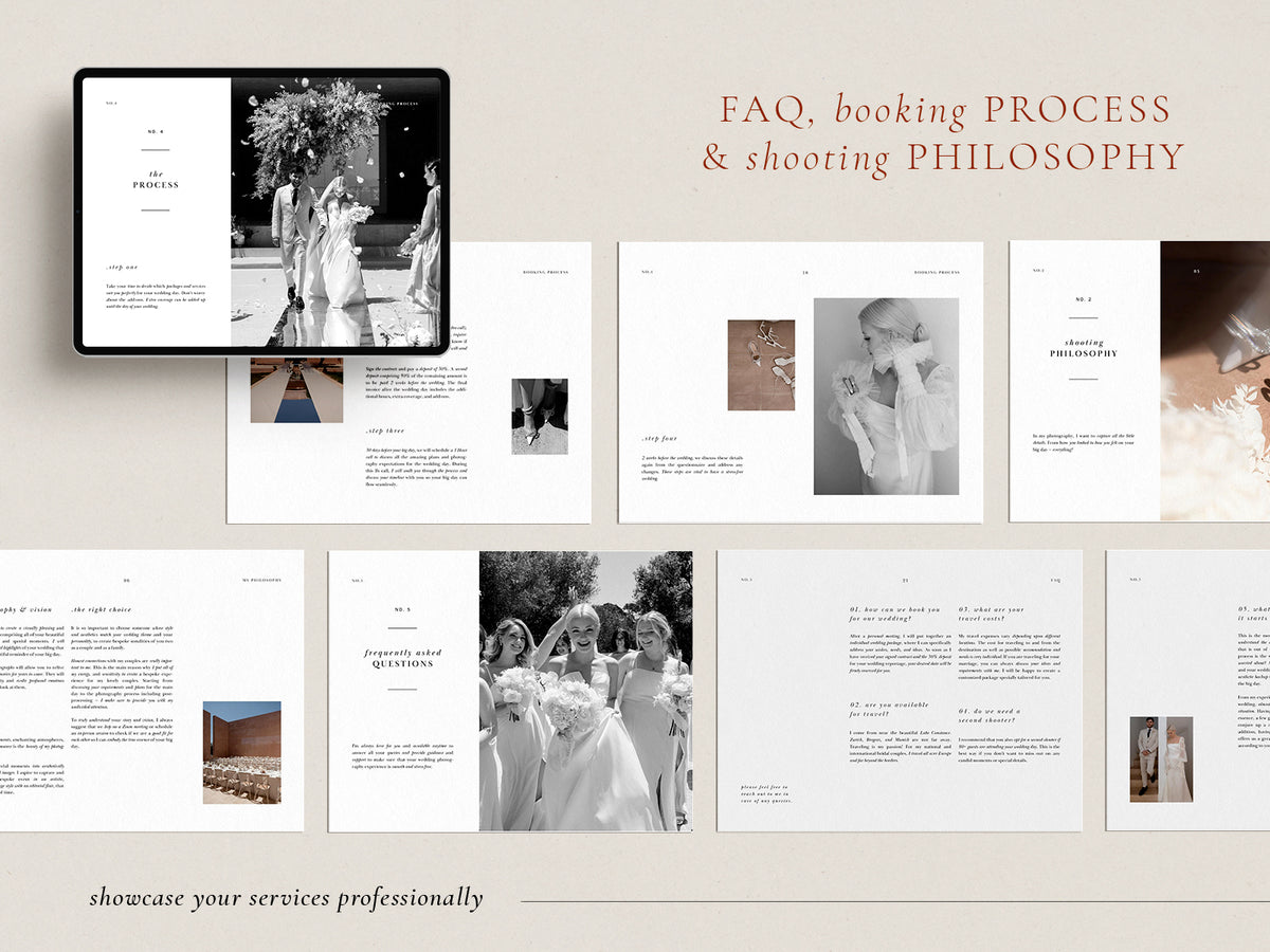 modern minimal and elegant canva pricing service guide template for wedding photographers in us letter size