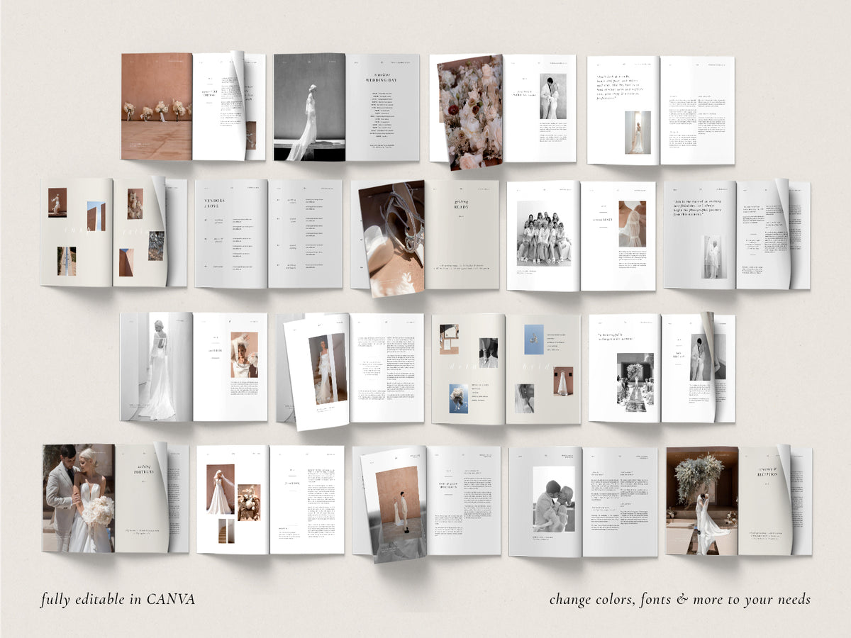 moder minimal canva wedding client welcome guide magazine template fully pre-writtenfor wedding photographers