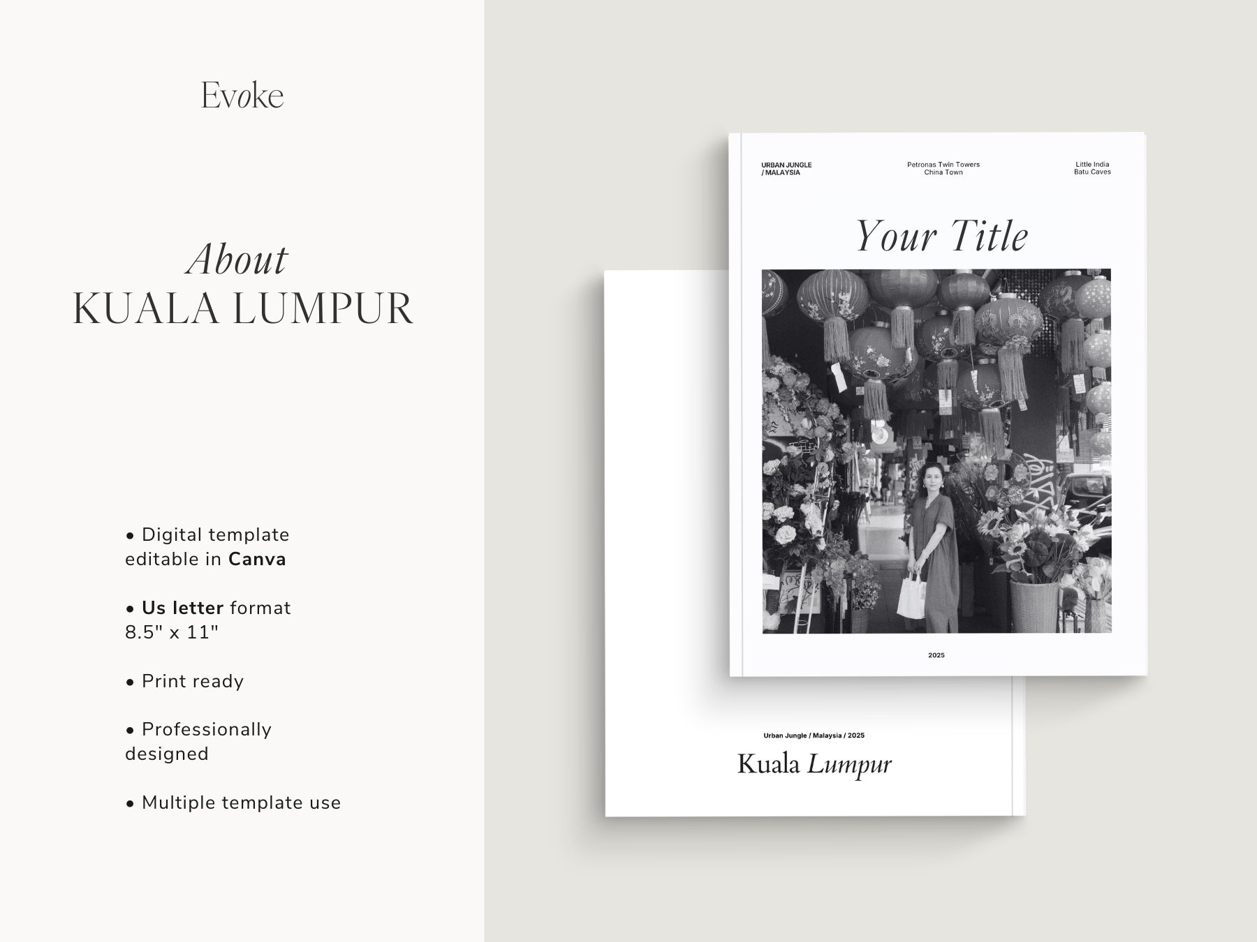 Minimalist travel photo book template in Canva featuring an professional editorial layout, DIY coffee table book design with modern editorial style and clean aesthetic pages, evoke layout studio