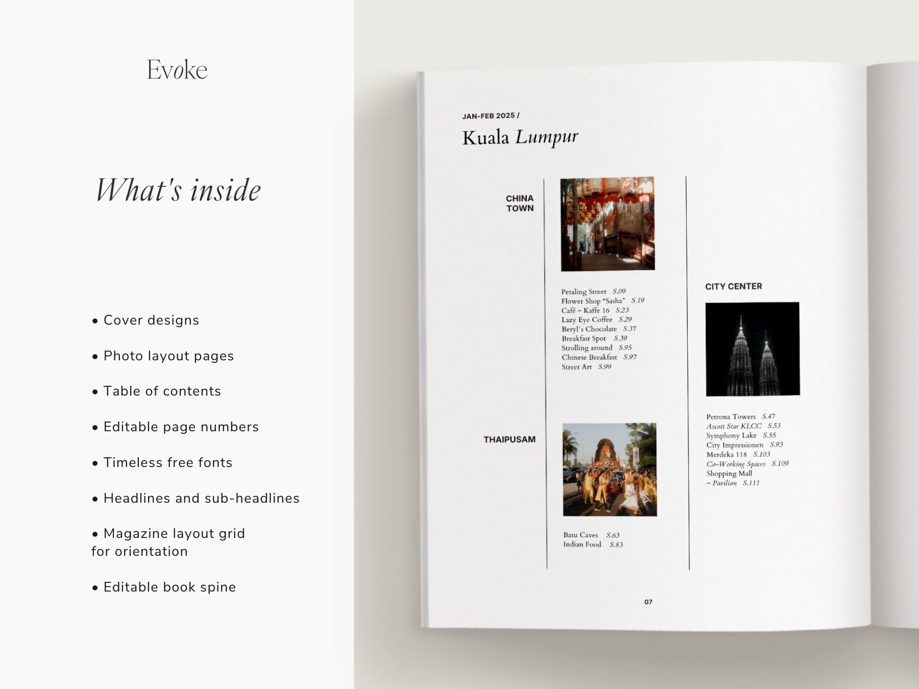 Booklet with magazine layout design on a white background Minimalist travel photo book template in Canva featuring an professional editorial layout, DIY coffee table book design with modern editorial style and clean aesthetic pages, evoke layout studio