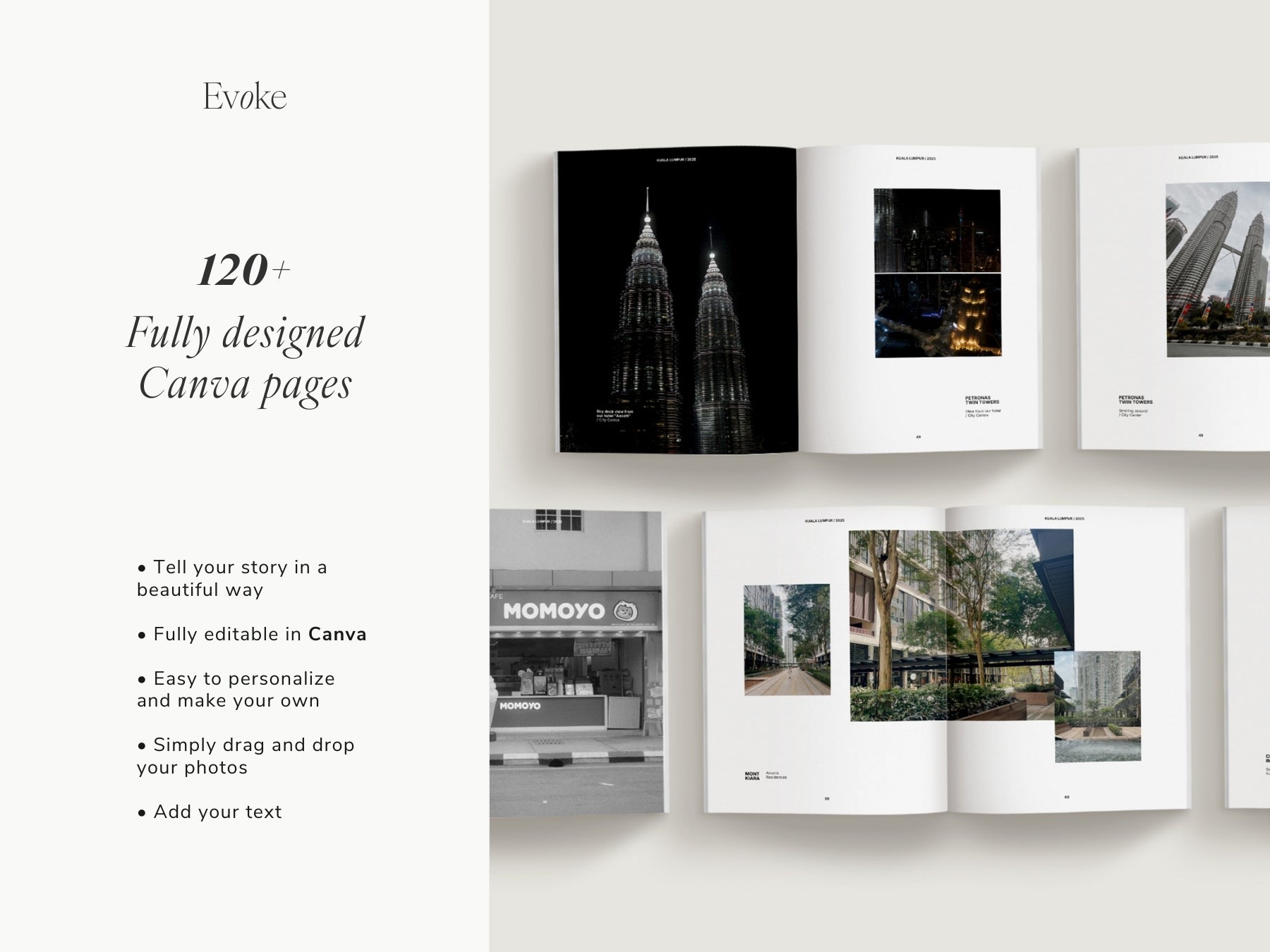 Minimalist travel photo book template in Canva featuring an professional editorial layout, DIY coffee table book design with modern editorial style and clean aesthetic pages, evoke layout studio