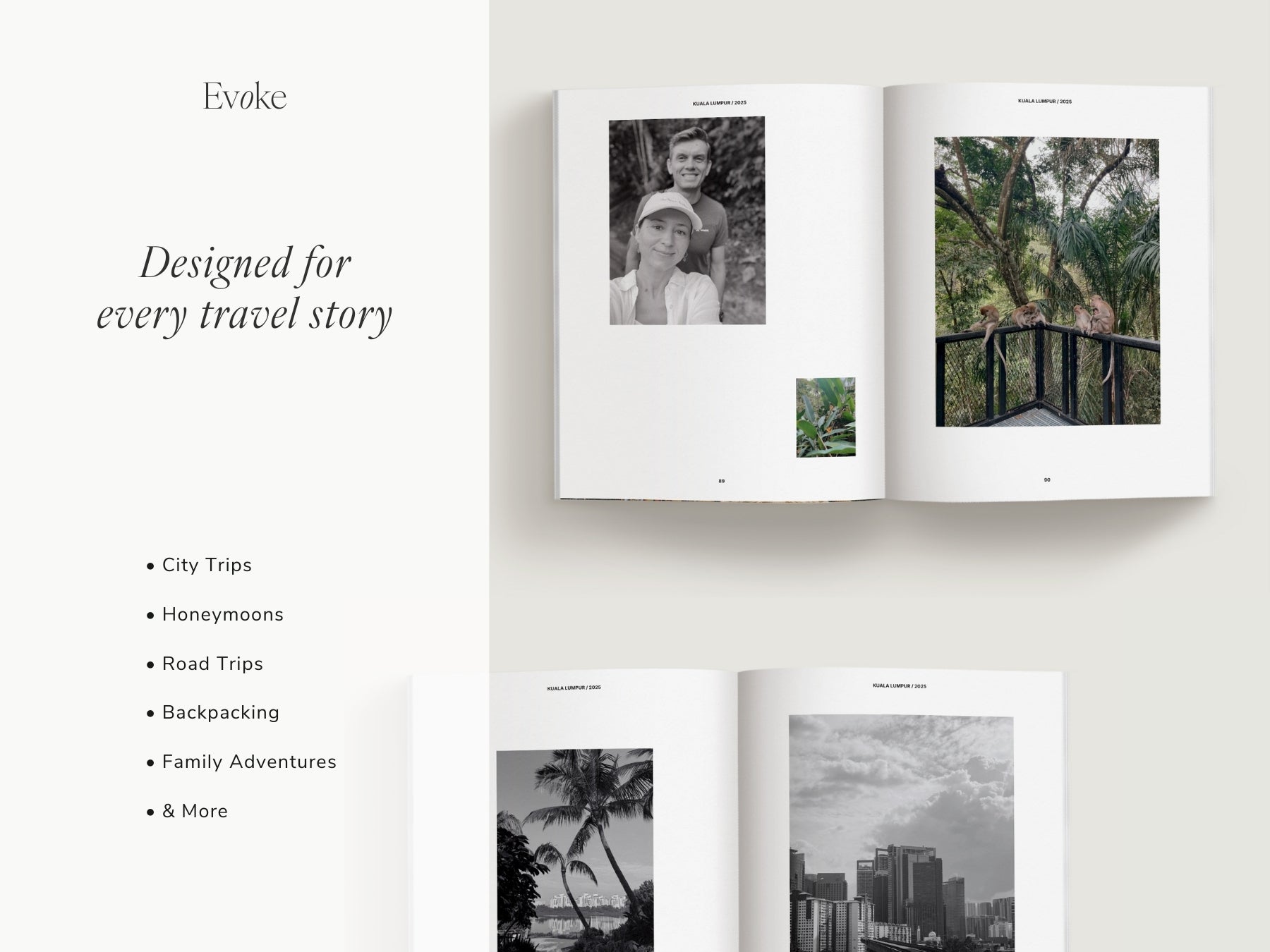 Minimalist travel photo book template in Canva featuring an professional editorial layout, DIY coffee table book design with modern editorial style and clean aesthetic pages, evoke layout studio