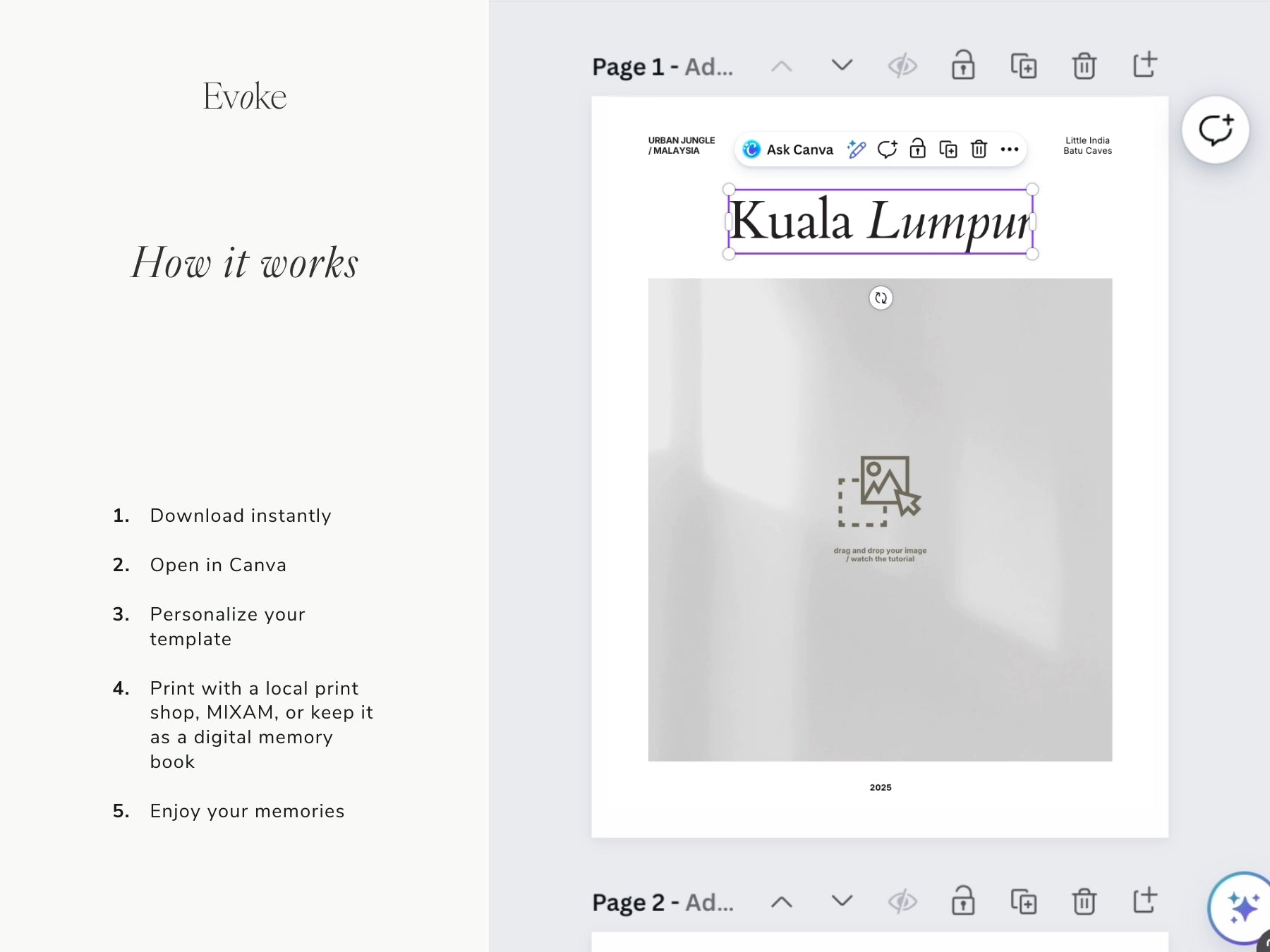 Minimalist travel photo book template in Canva featuring an professional editorial layout, DIY coffee table book design with modern editorial style and clean aesthetic pages, evoke layout studio