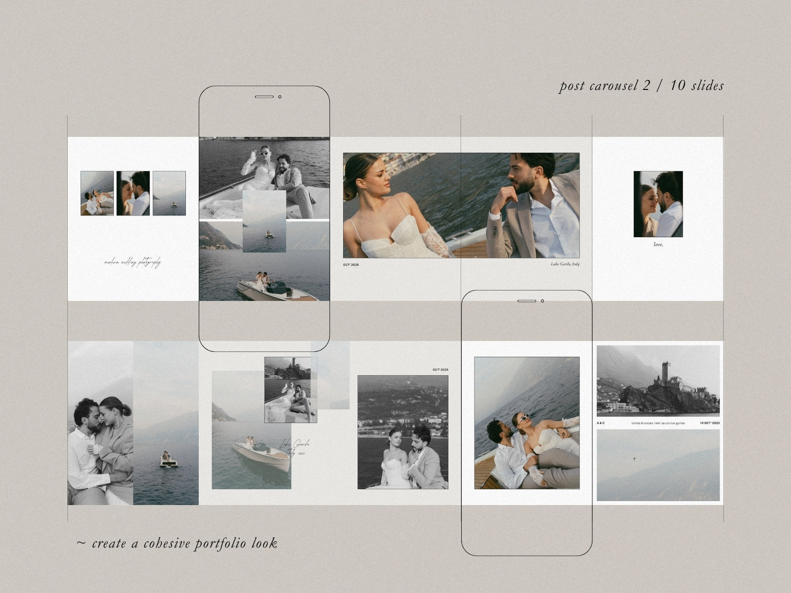 minimal clean modern elegant canva social media Instagram post template with carousels for wedding photographers by white tint design