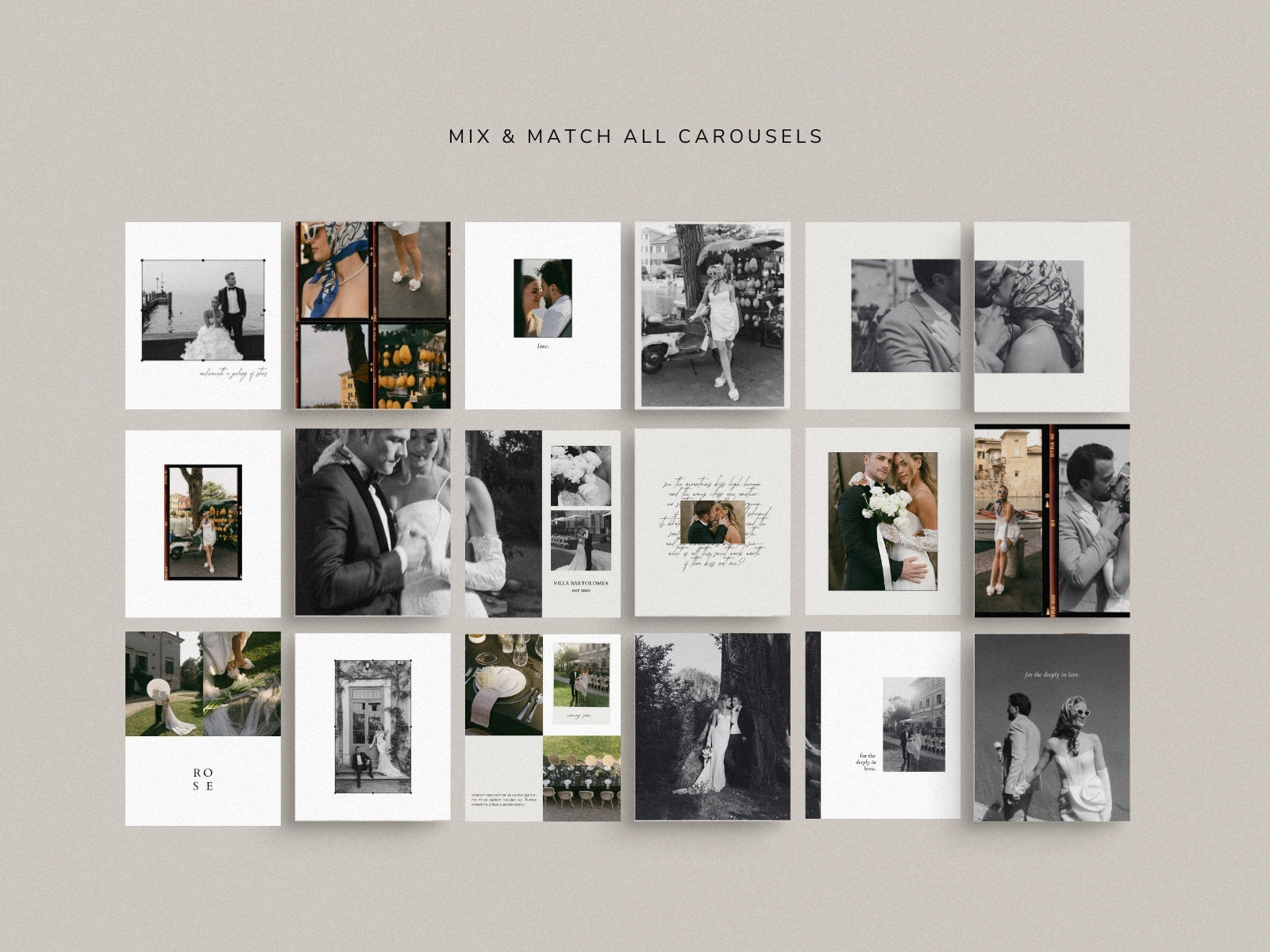 minimal clean modern elegant canva social media Instagram post template with carousels for wedding photographers by white tint design