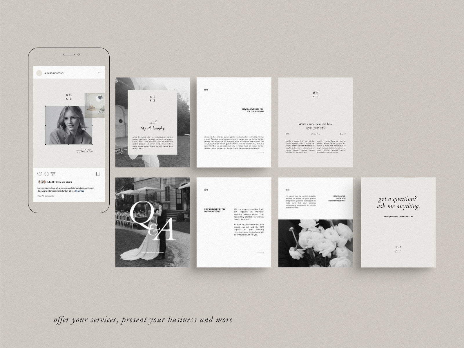 minimal clean modern elegant canva social media Instagram post template with carousels for wedding photographers by white tint design