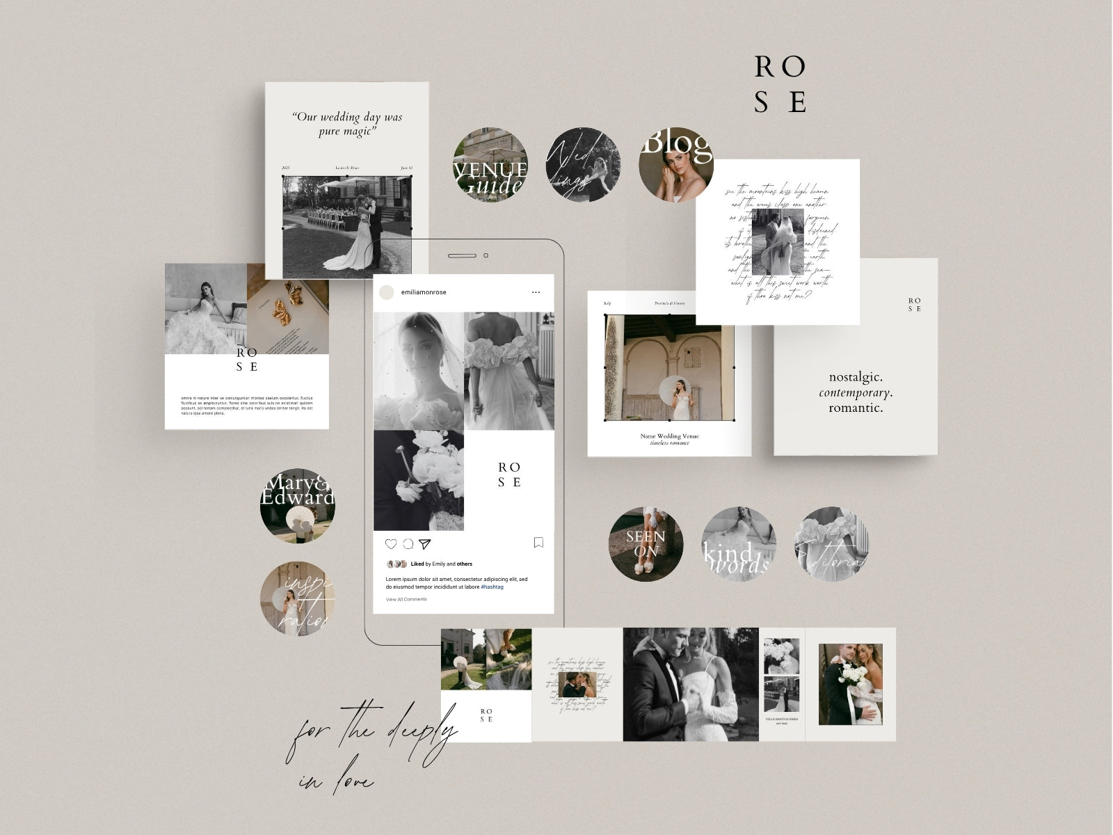 minimal modern aesthetic Canva wedding photography Instagram social media template, elegant clean Instagram stories, posts, carousel and highlight covers for wedding photographers, by white tint design