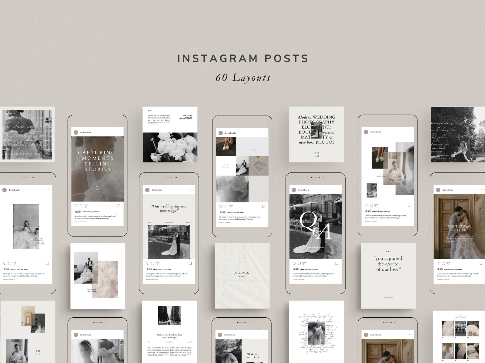 minimal modern aesthetic Canva wedding photography Instagram social media template, elegant clean Instagram stories, posts, carousel and highlight covers for wedding photographers, by white tint design