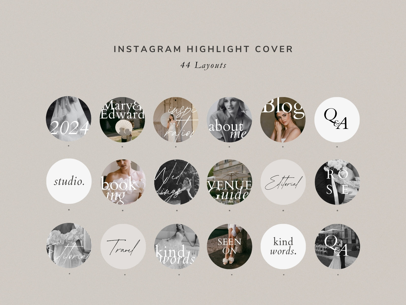 minimal modern aesthetic Canva wedding photography Instagram social media template, elegant clean Instagram stories, posts, carousel and highlight covers for wedding photographers, by white tint design