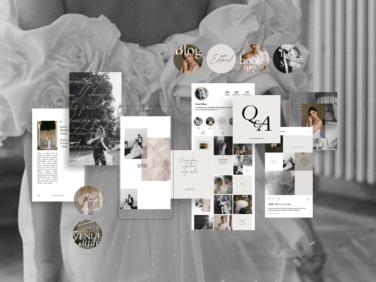 minimal modern aesthetic Canva wedding photography Instagram social media template, elegant clean Instagram stories, posts, carousel and highlight covers for wedding photographers, by white tint design