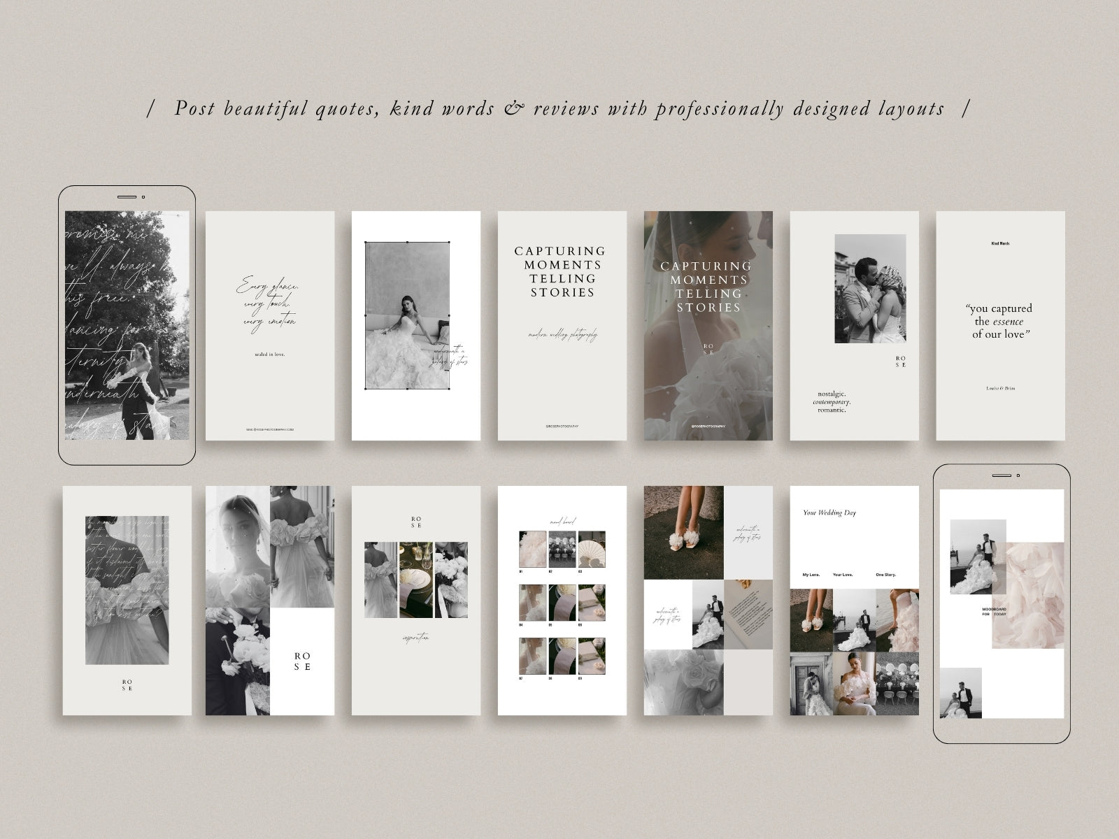 minimal modern aesthetic Canva wedding photography Instagram story template, elegant clean Instagram stories for wedding photographers, social media IG templates by white tint design
