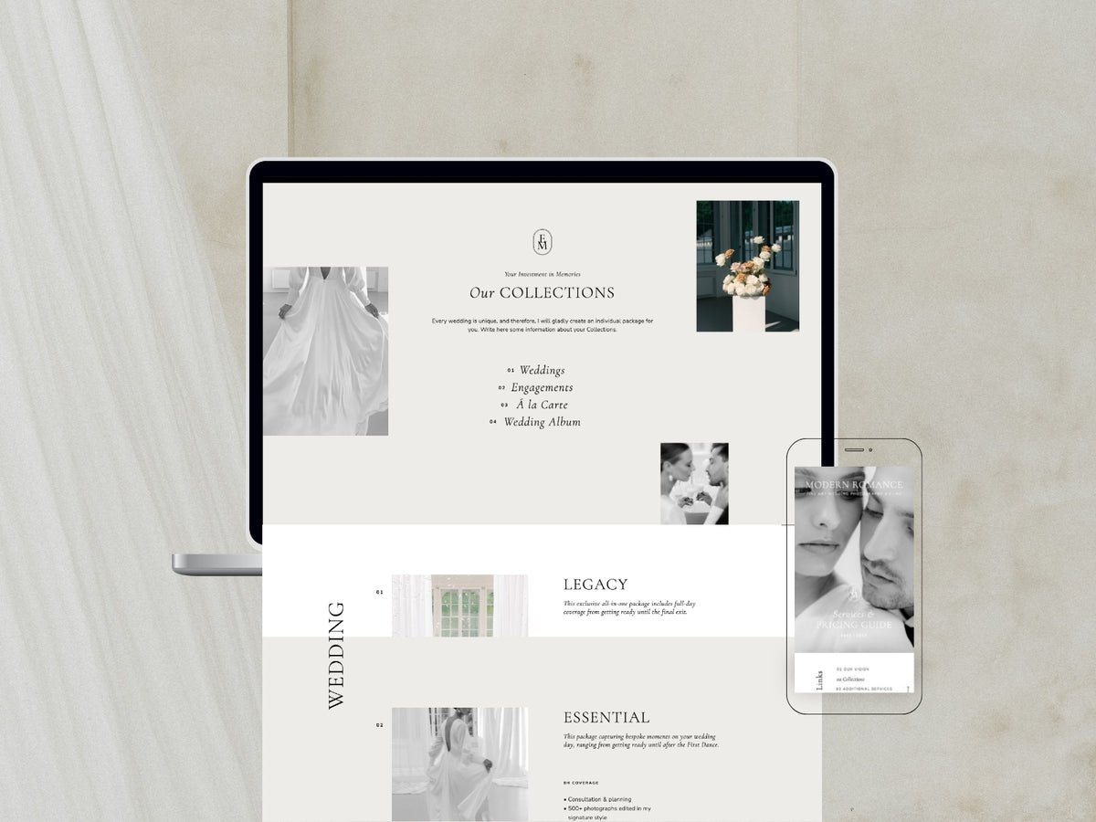 Showit Investment Guide Template for wedding photographers displayed on desktop and mobile