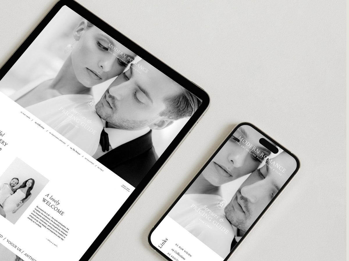 Responsive wedding photography pricing guide template displayed on tablet and mobile
