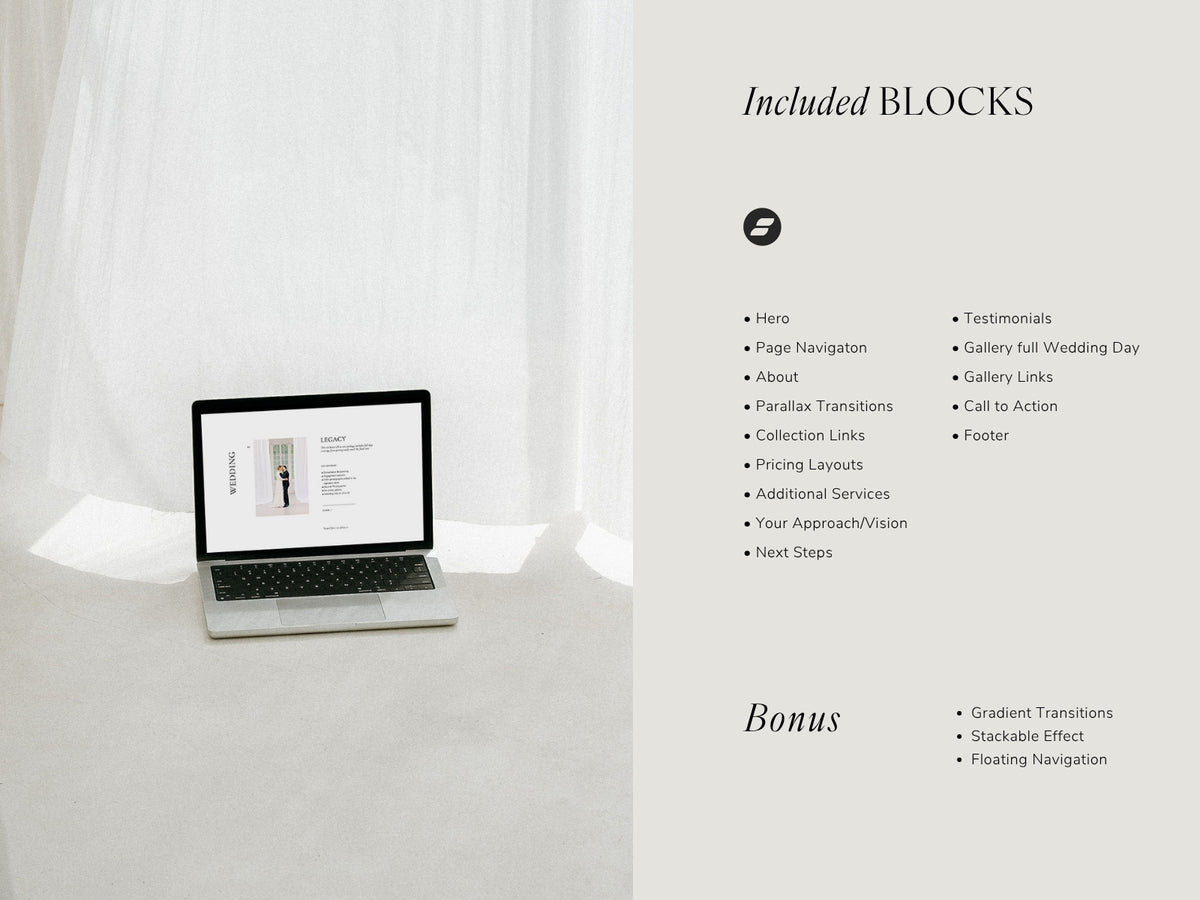 Showit Investment Guide add-on with customizable page sections and blocks for wedding photographers