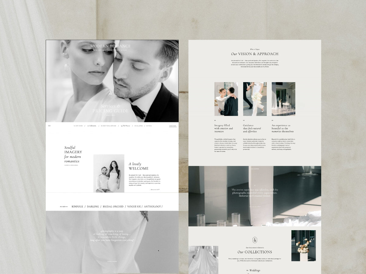 Modern Romance digital Investment Guide with editorial page layouts for wedding photographers