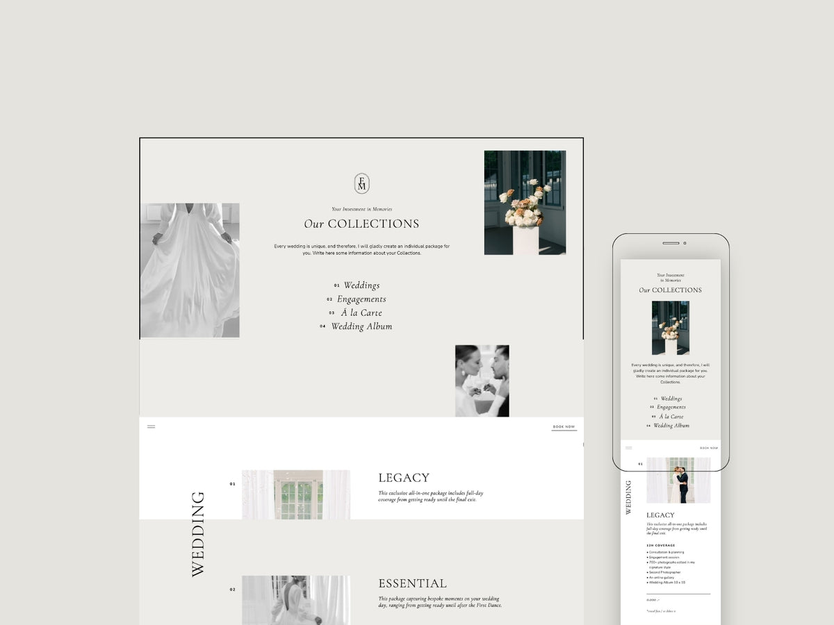 Responsive Showit pricing guide for presenting wedding photography collections on desktop and mobile
