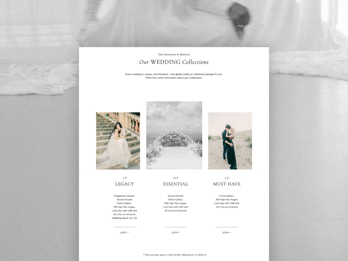 Wedding photography collections and services presented in an editorial Showit pricing guide