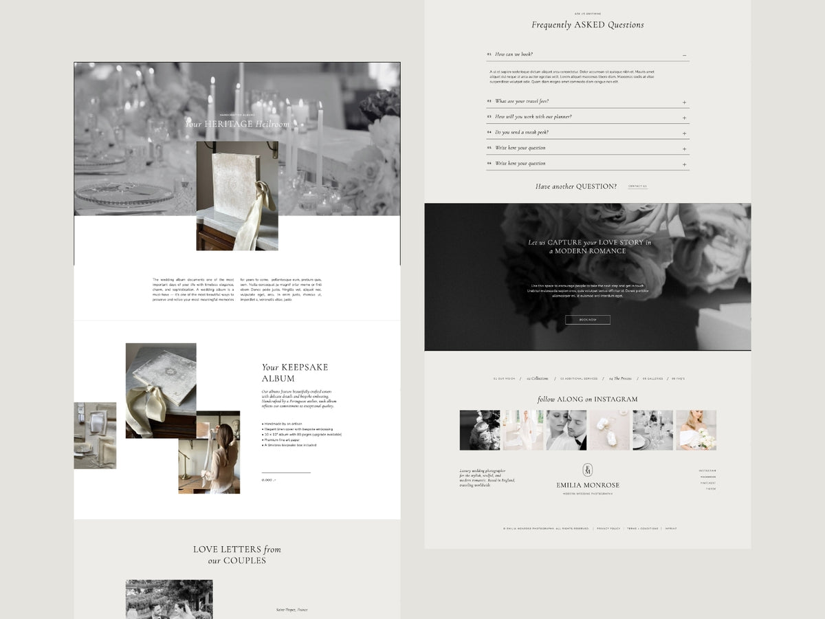 Showit Investment Guide Template with services, pricing, galleries and client information for wedding photographers