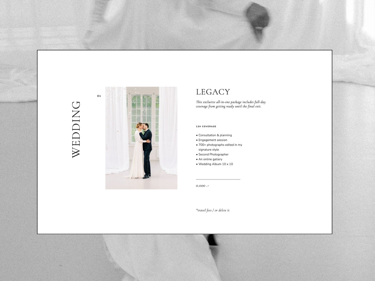 Wedding photography pricing package layout in the Modern Romance Showit Investment Guide