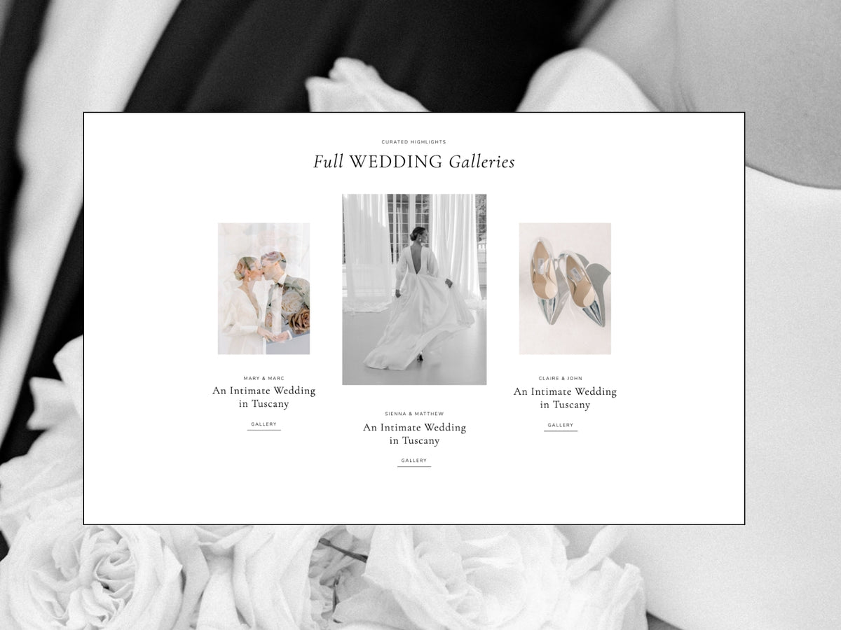 Full wedding gallery page for showcasing a complete wedding day to potential photography clients