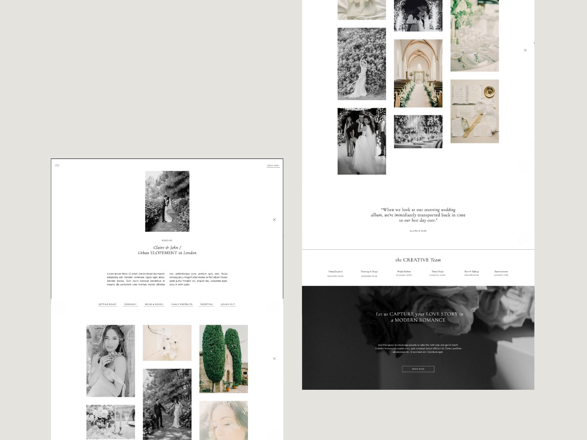 Editorial wedding gallery layouts included in the Showit Investment Guide Template