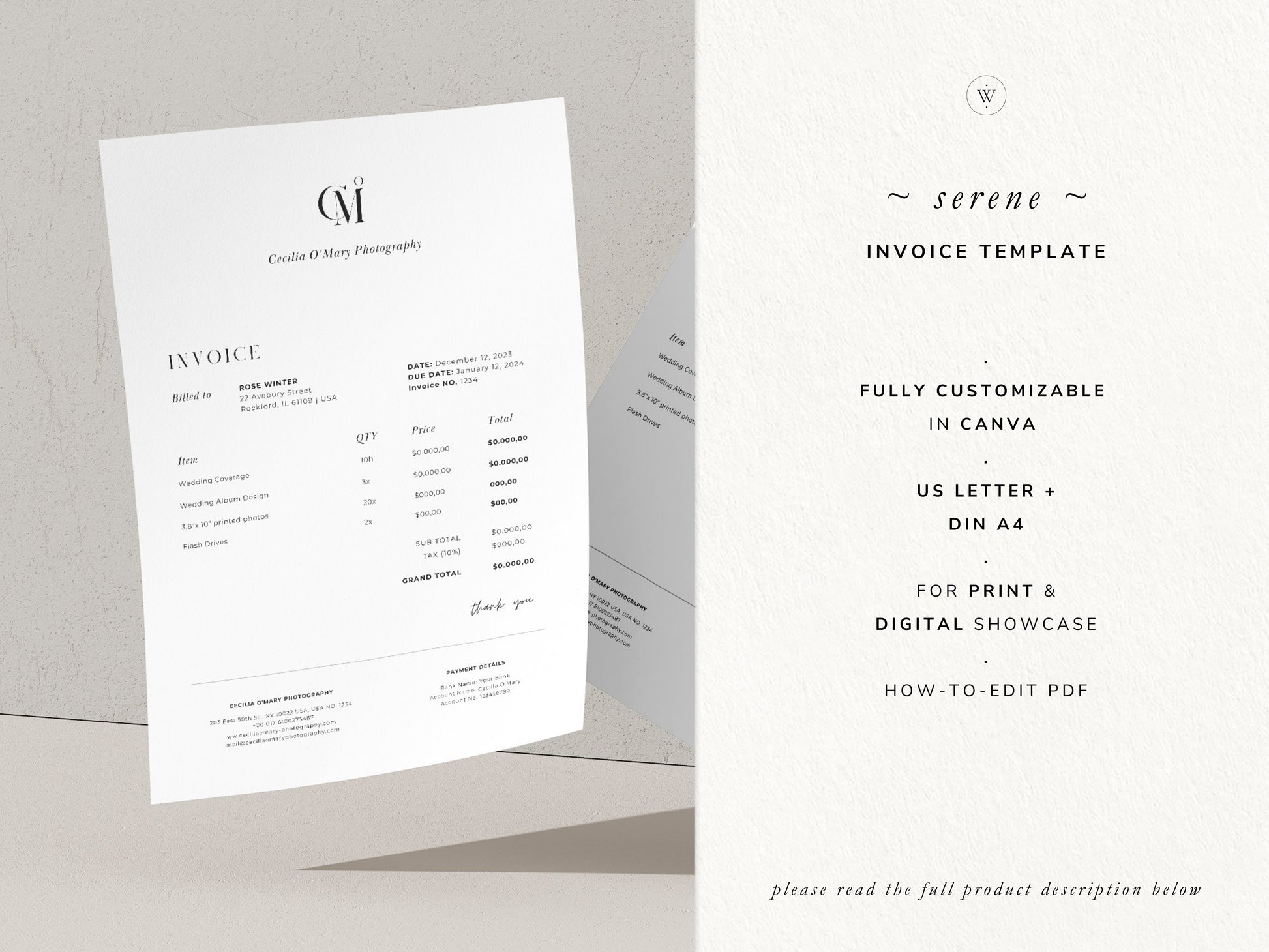 modern elegant canva invoice billing form template for photographers and small business by white tint design