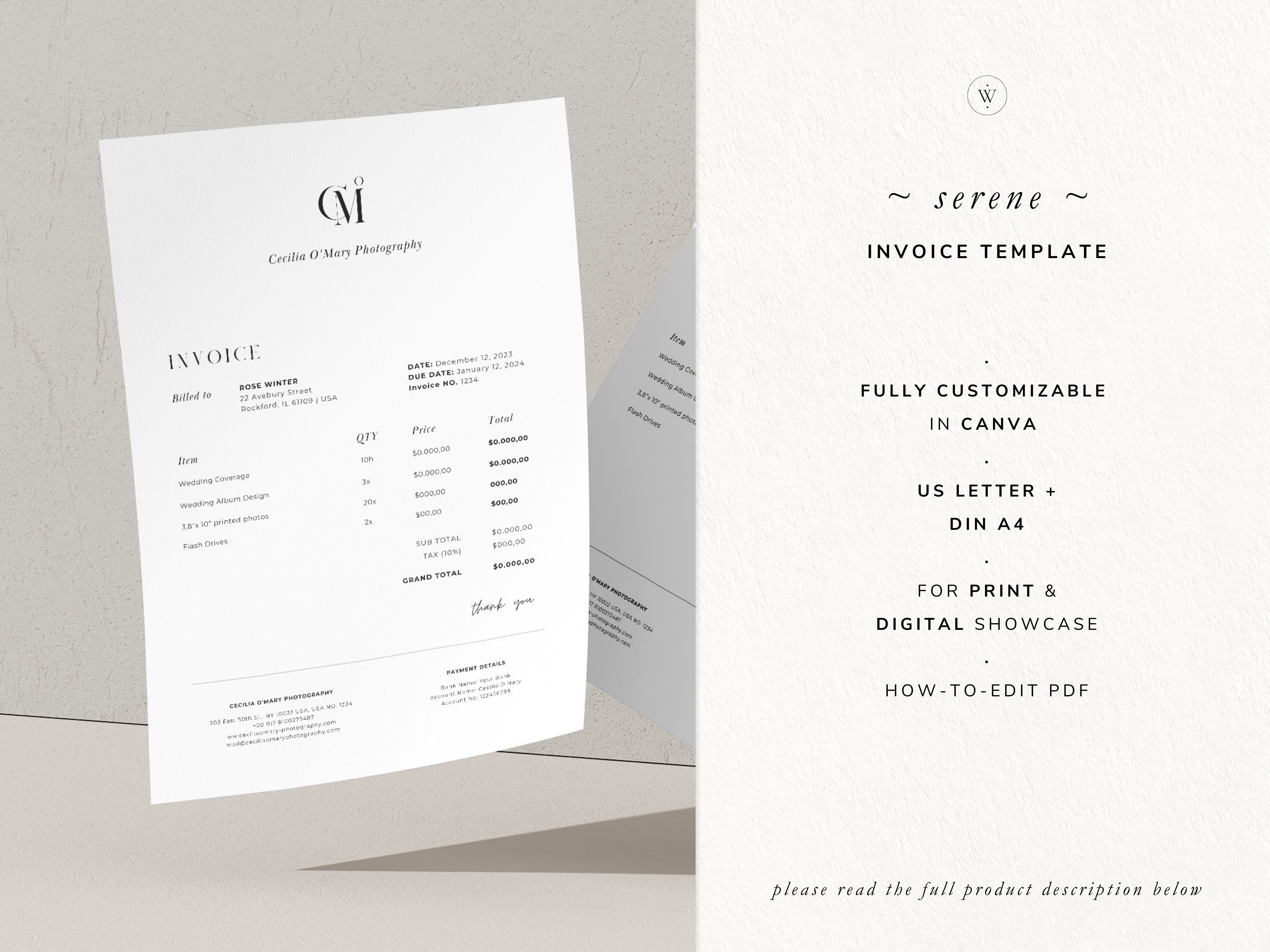 modern elegant canva invoice billing form template for photographers and small business by white tint design