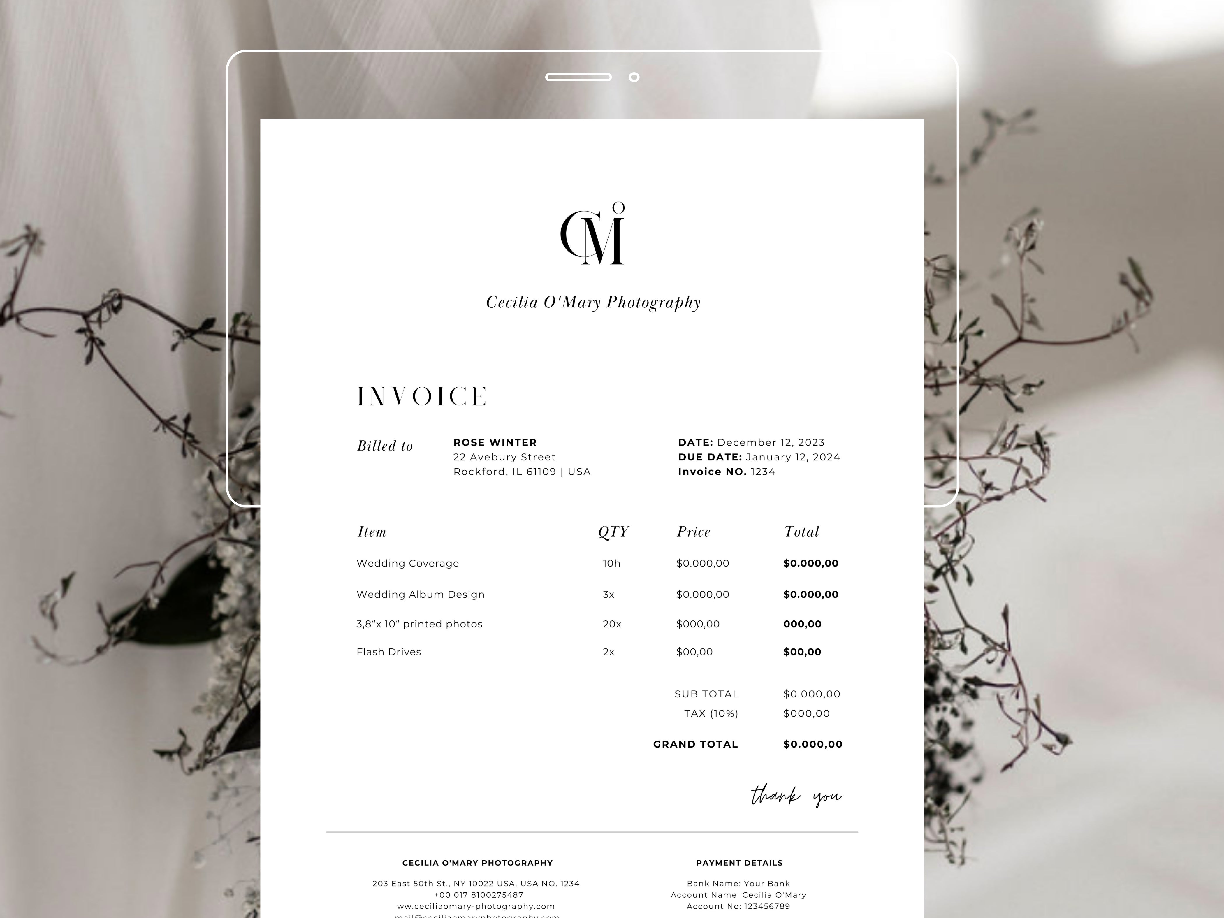 modern elegant canva invoice billing form template for photographers and small business by white tint design