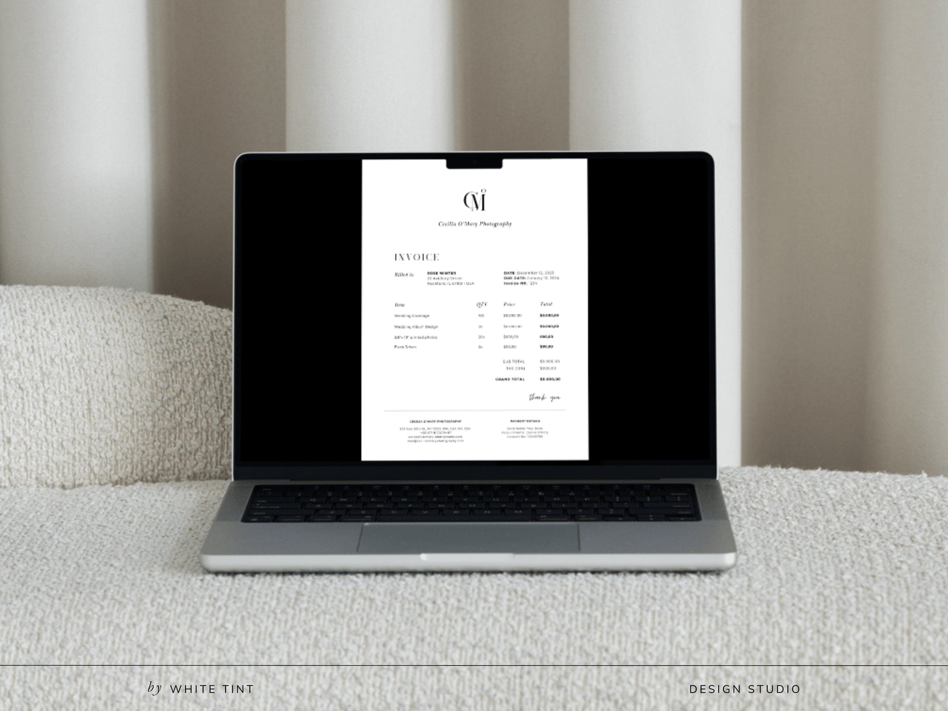 modern elegant canva invoice billing form template for photographers and small business by white tint design