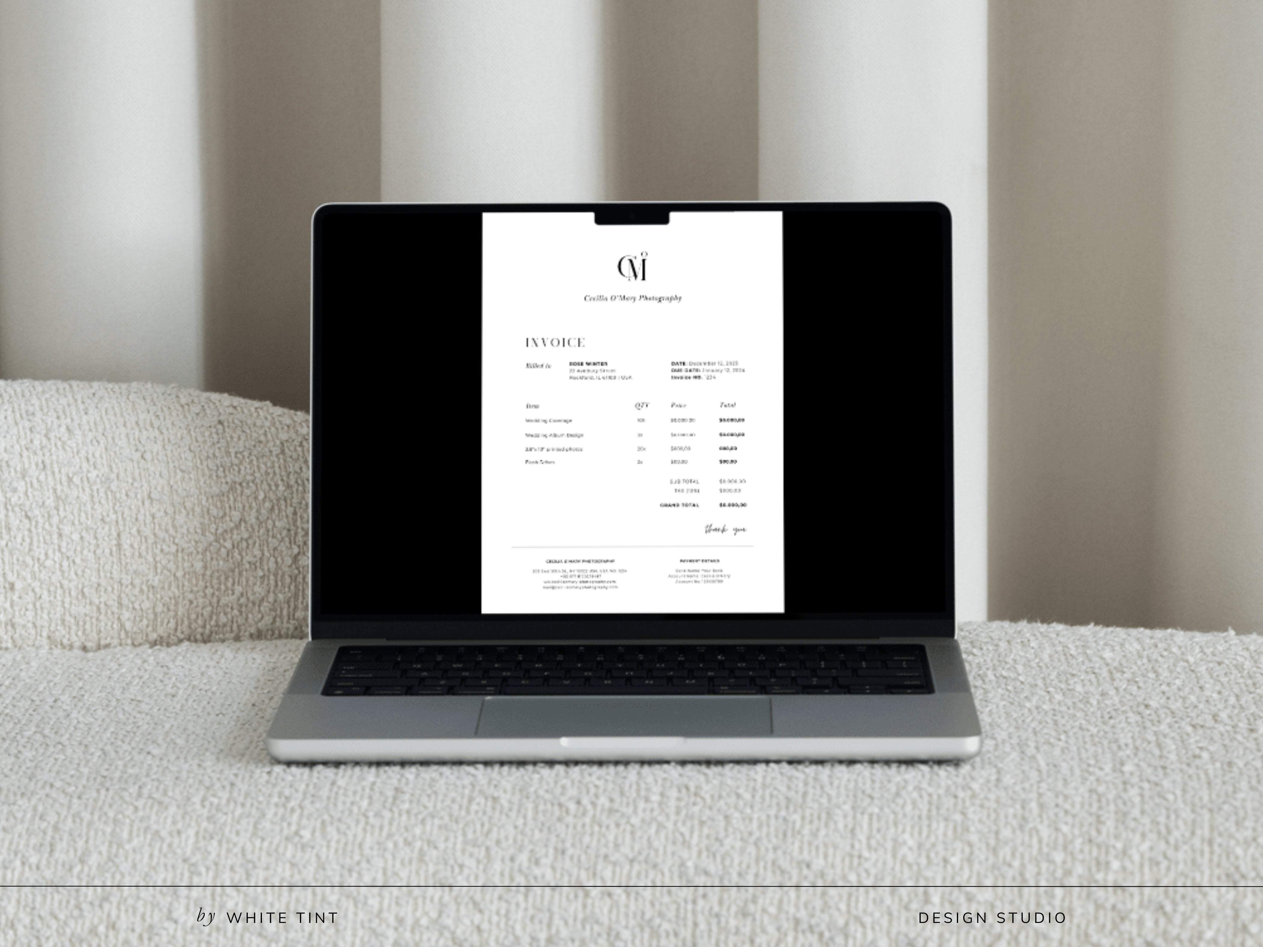 modern elegant canva invoice billing form template for photographers and small business by white tint design
