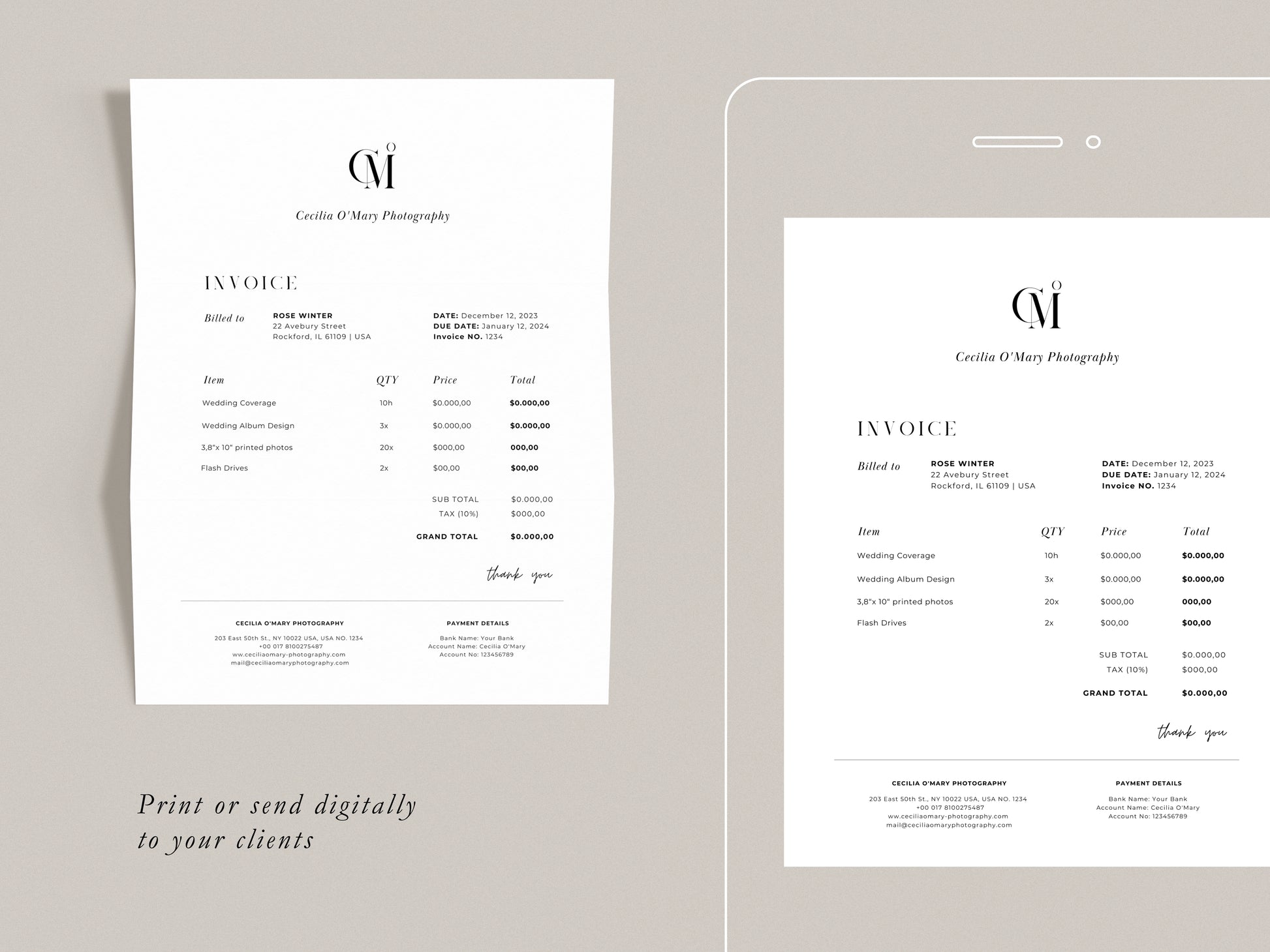 modern elegant canva invoice billing form template for photographers and small business by white tint design