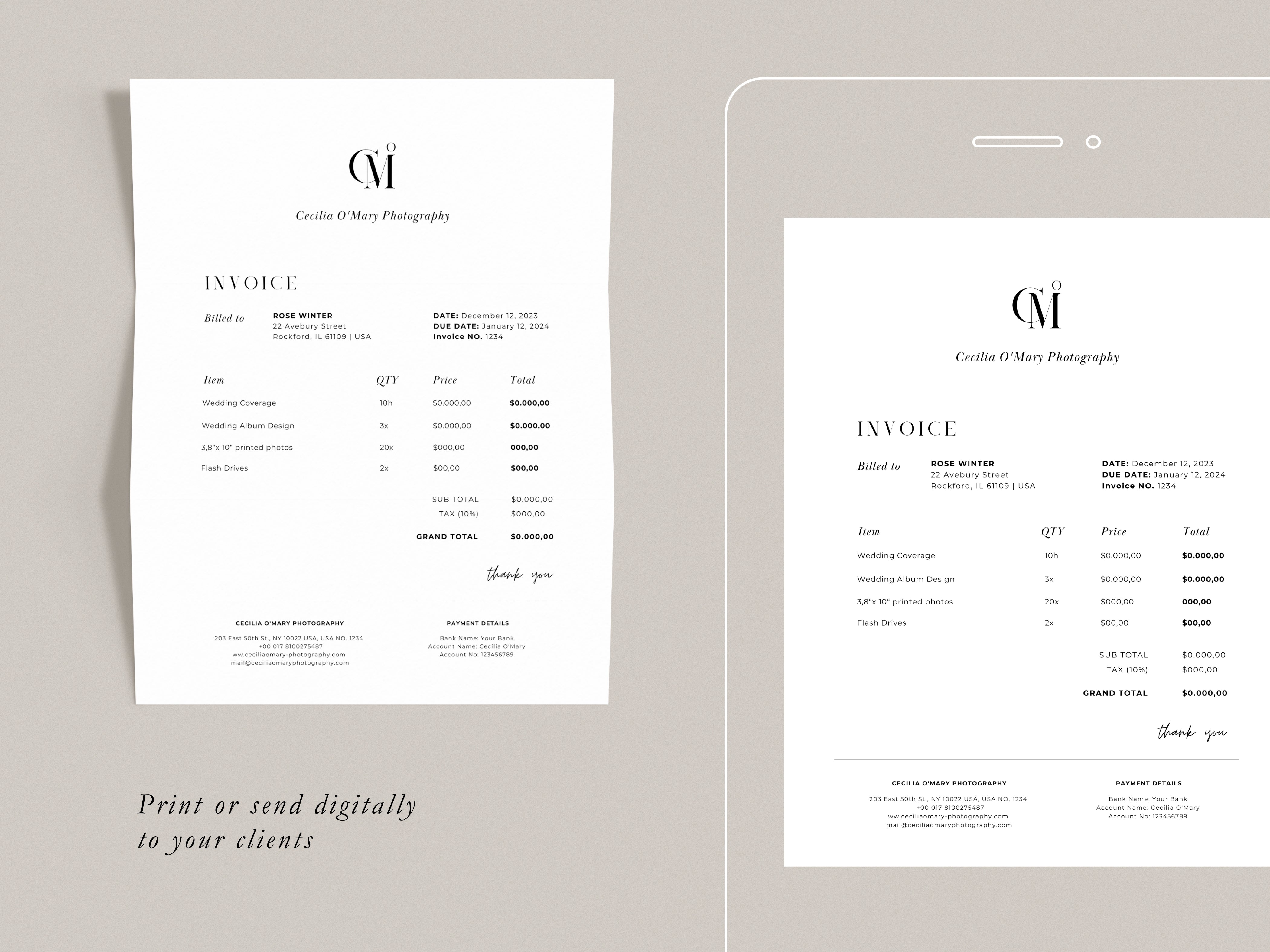 modern elegant canva invoice billing form template for photographers and small business by white tint design
