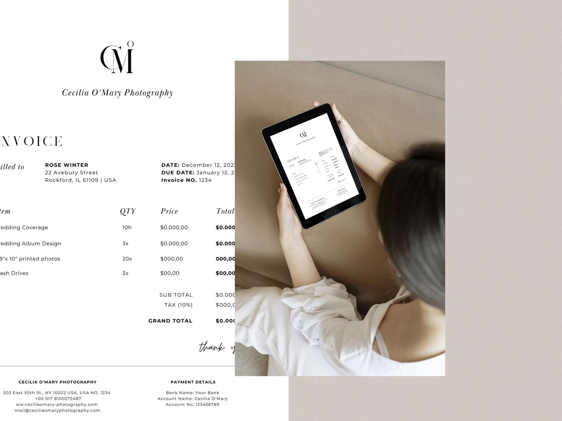 modern elegant canva invoice billing form template for photographers and small business by white tint design