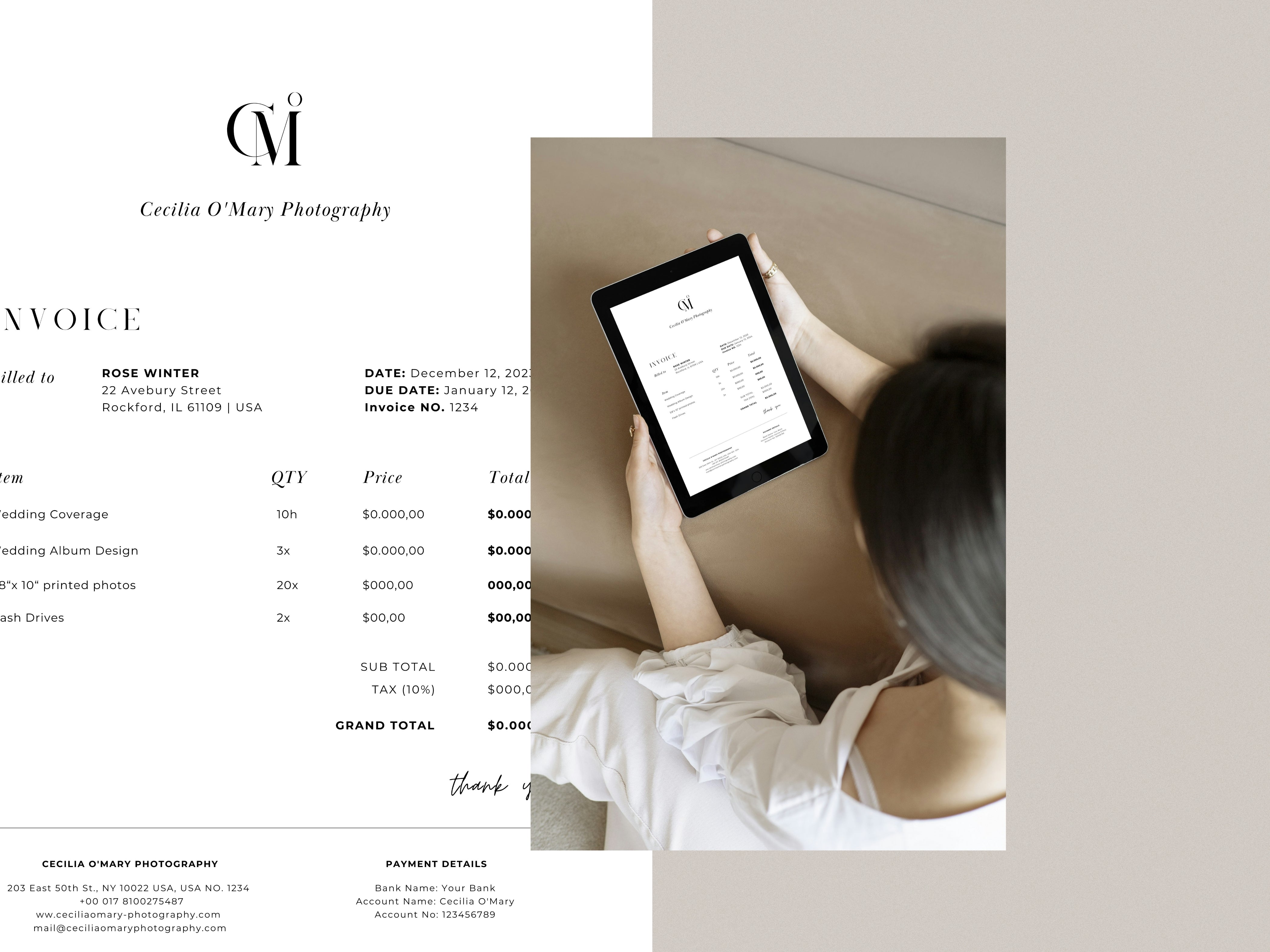 modern elegant canva invoice billing form template for photographers and small business by white tint design