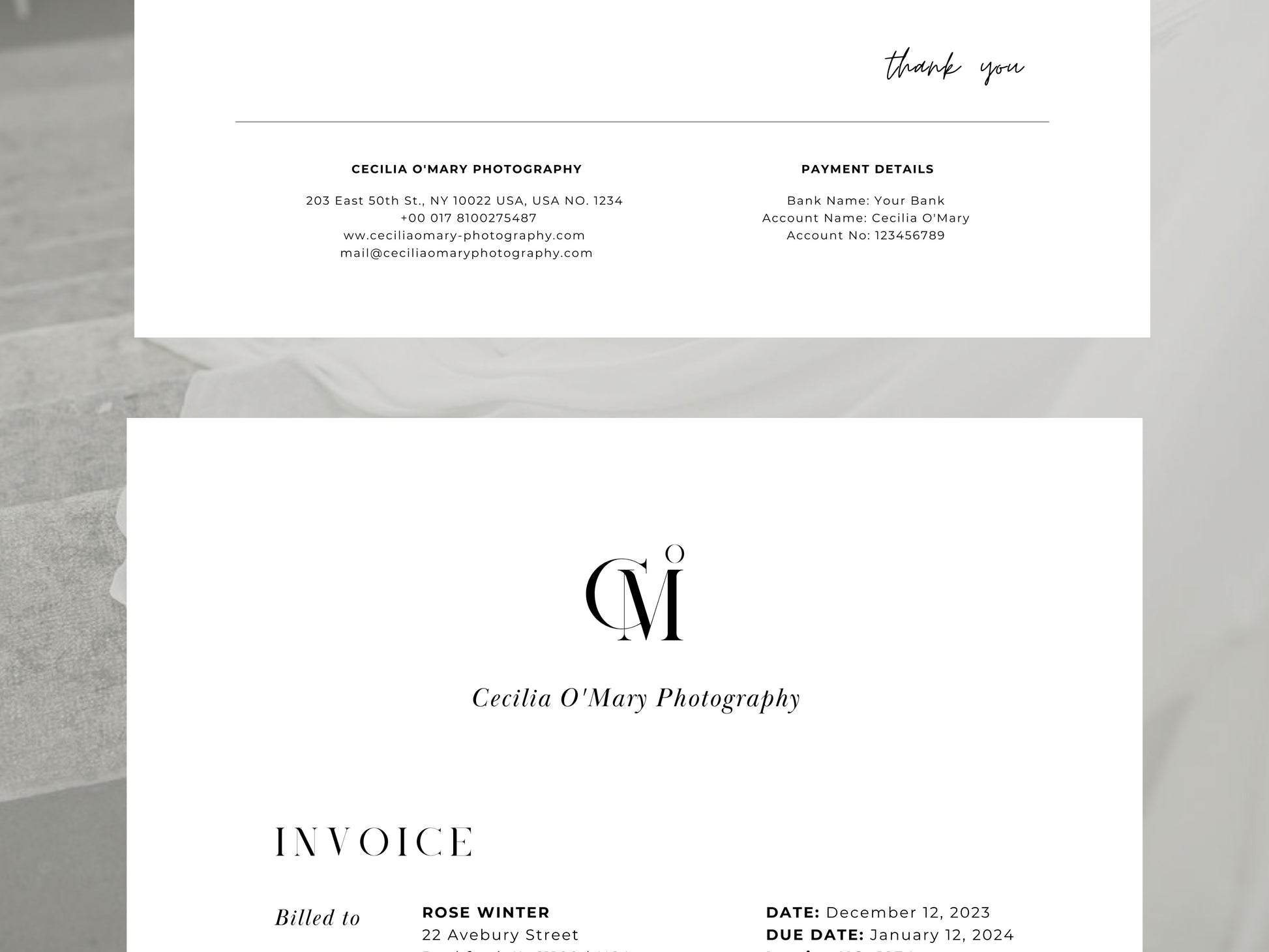 modern elegant canva invoice billing form template for photographers and small business by white tint design