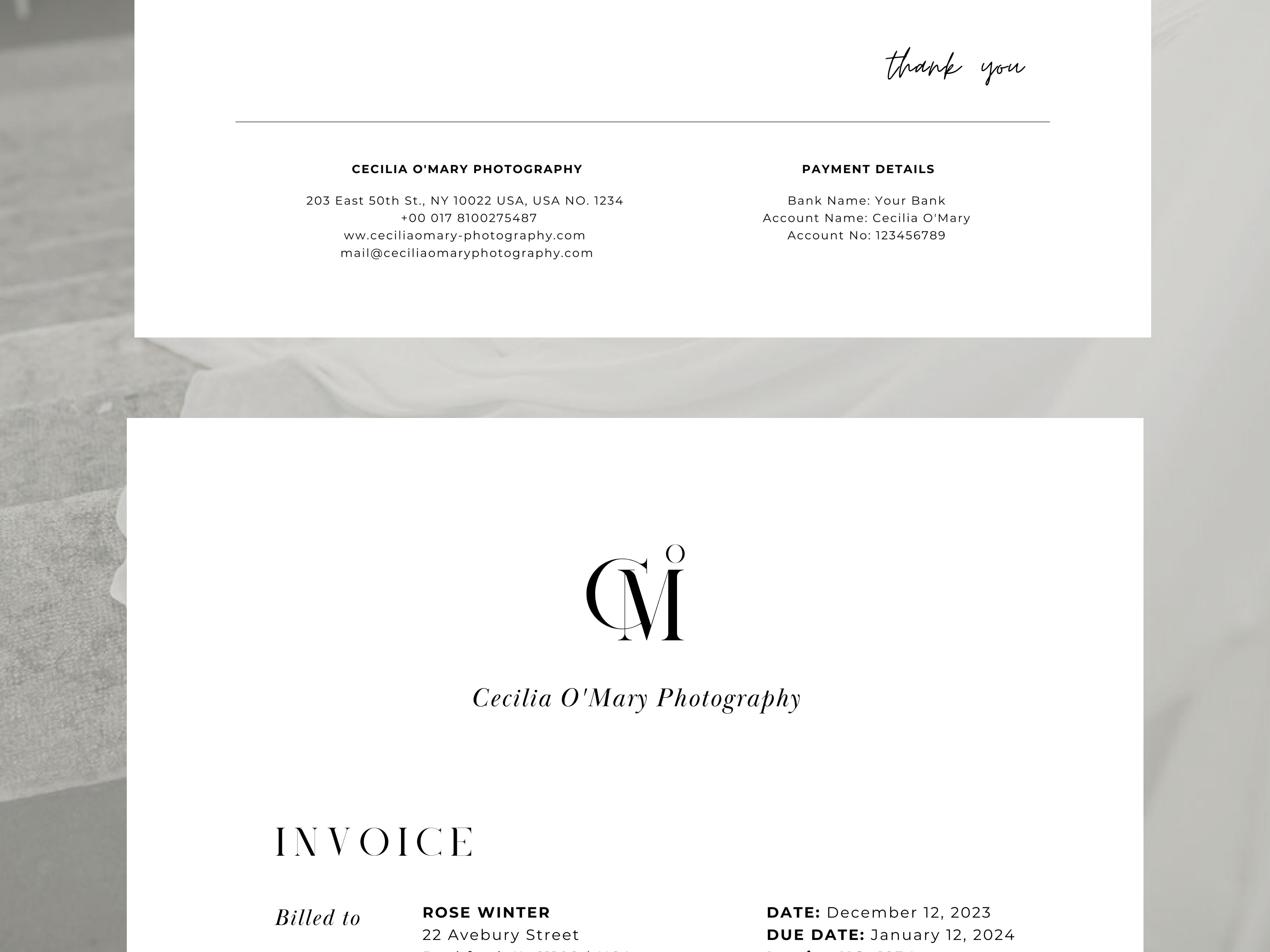 modern elegant canva invoice billing form template for photographers and small business by white tint design